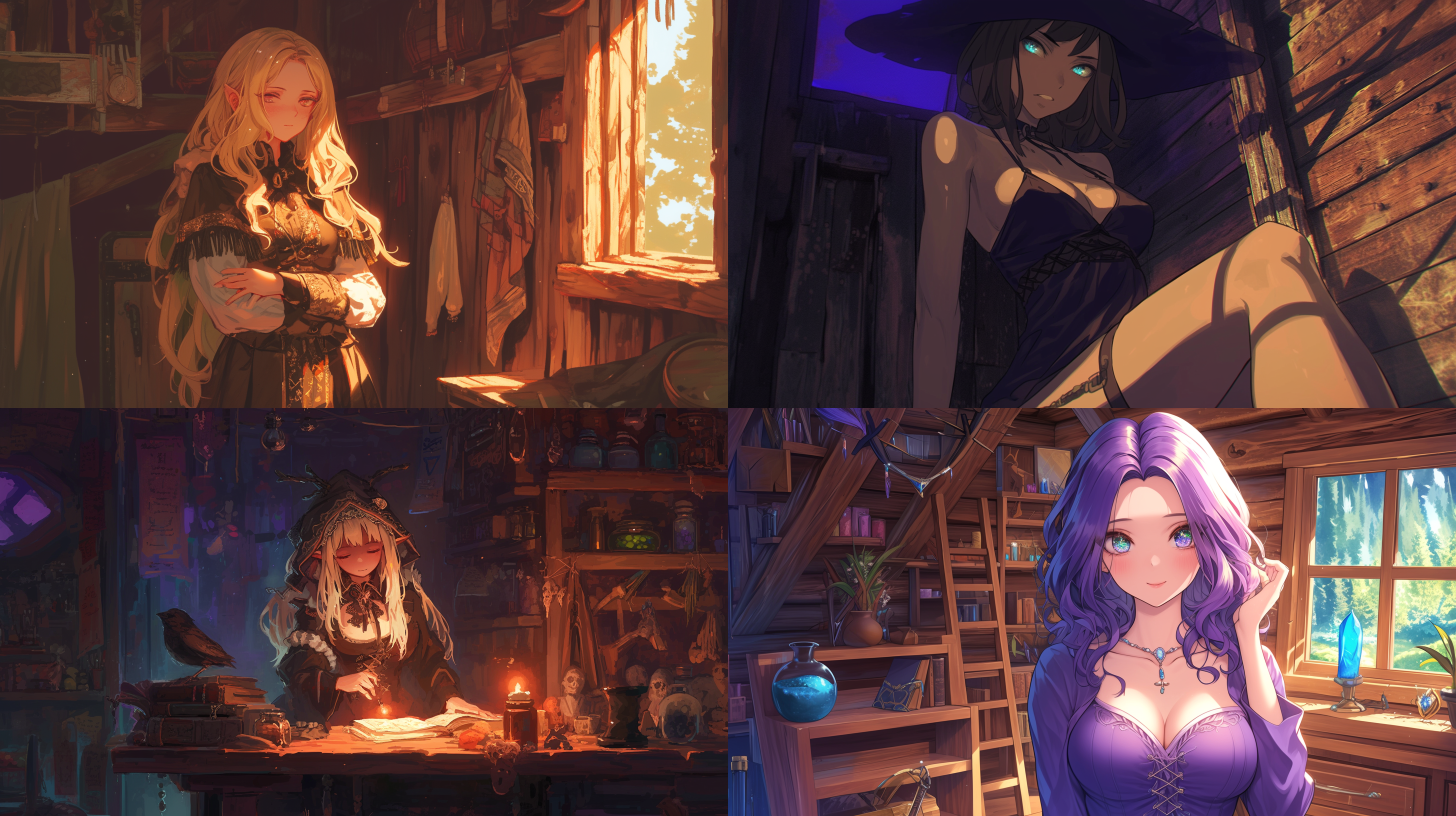 女黑魔导士，木屋内，动漫画风