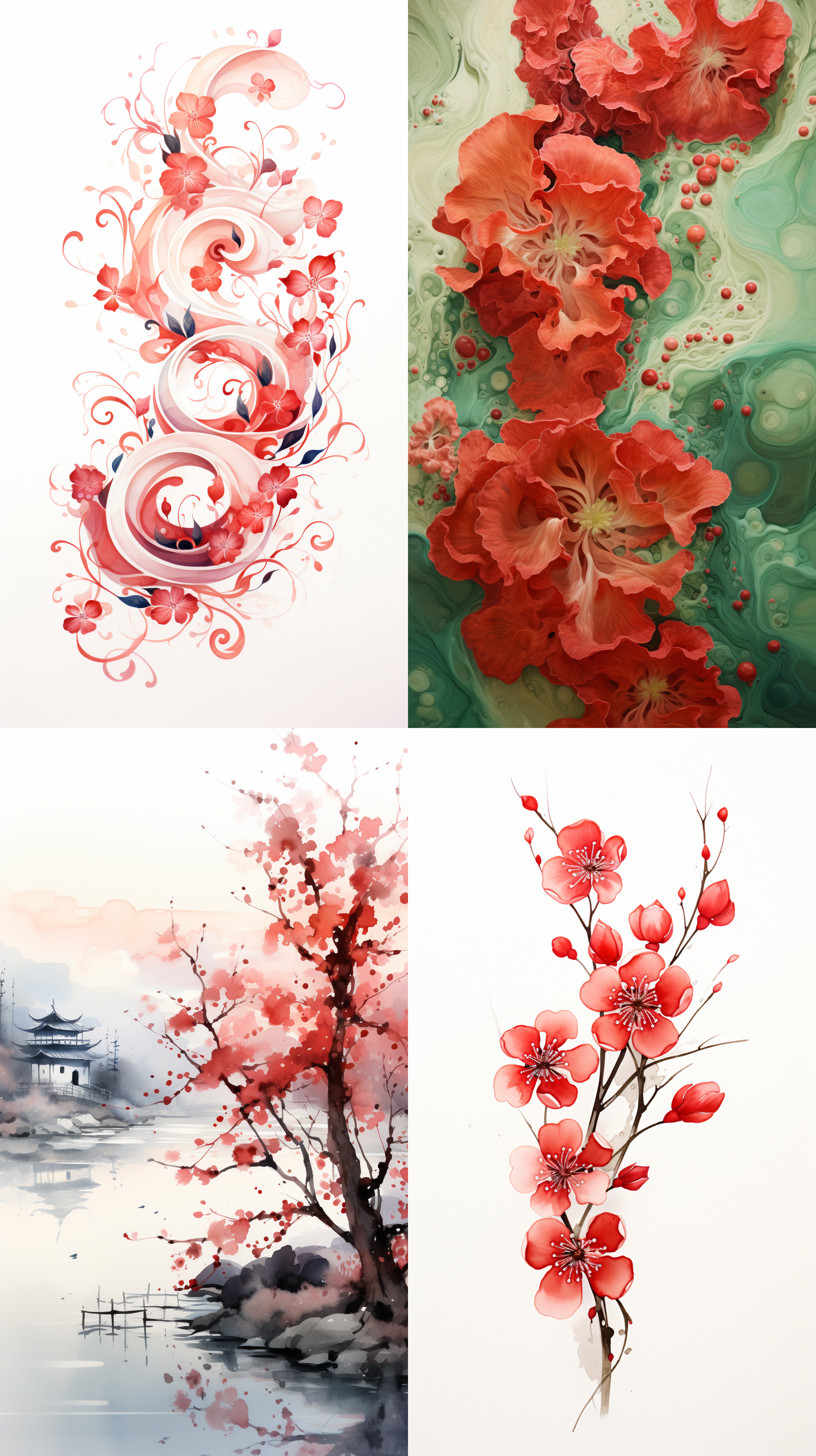 red flowers at sunrise, spring green river waves, s-shaped composition, bird's eye view, minimalism, chinese ink painting