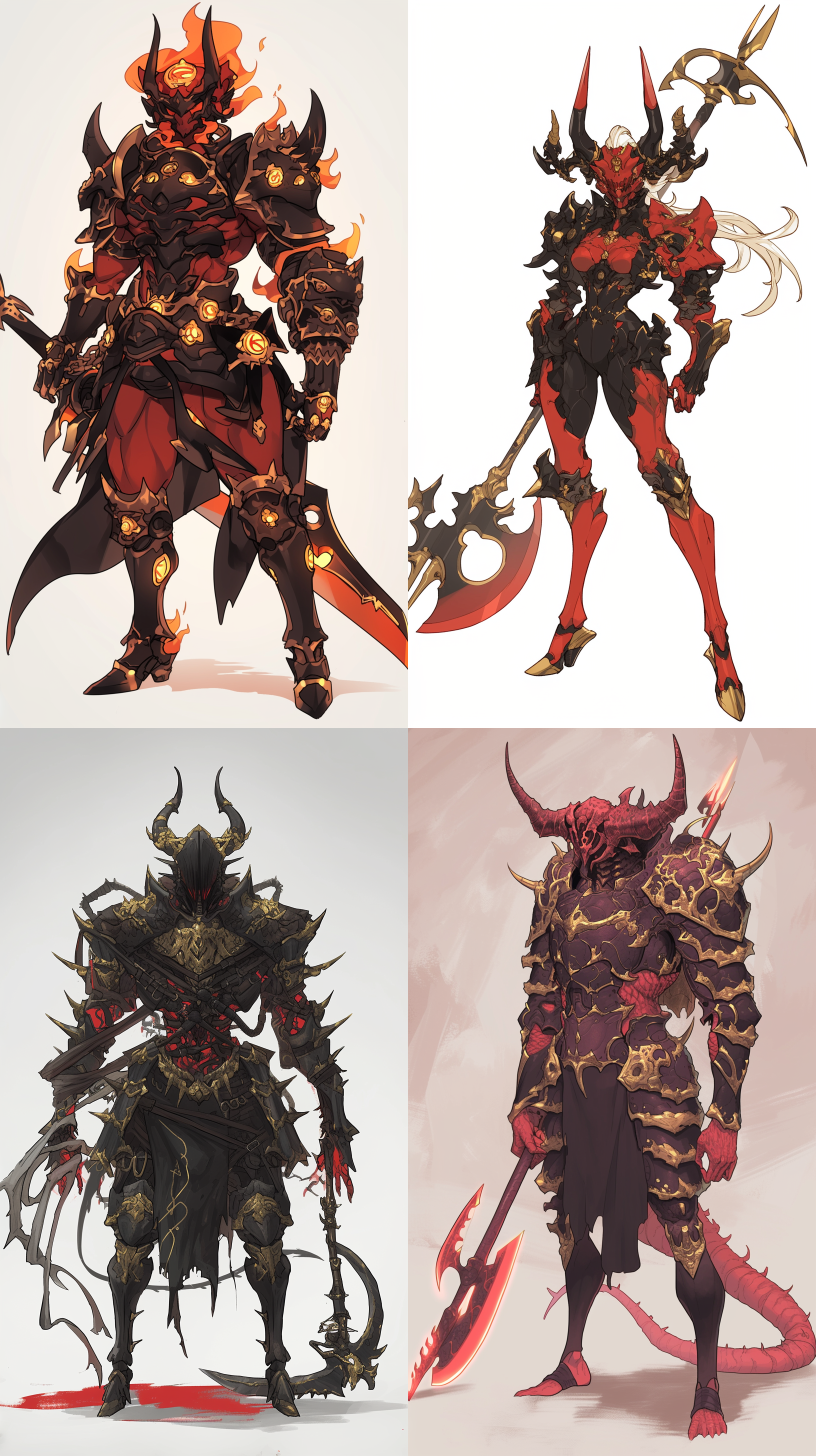 红皮肤恶魔::2，怪物，身材精壮，穿贴身黑金色的全身金属铠甲::3，带黑金色头盔和面具::3，双手持短手斧和短镰刀::2,头上有一对触角，散发出狂傲的气质，动漫插画风格，角色设计，冷光，魔幻，金属刀质感，全身，4k，超级细节