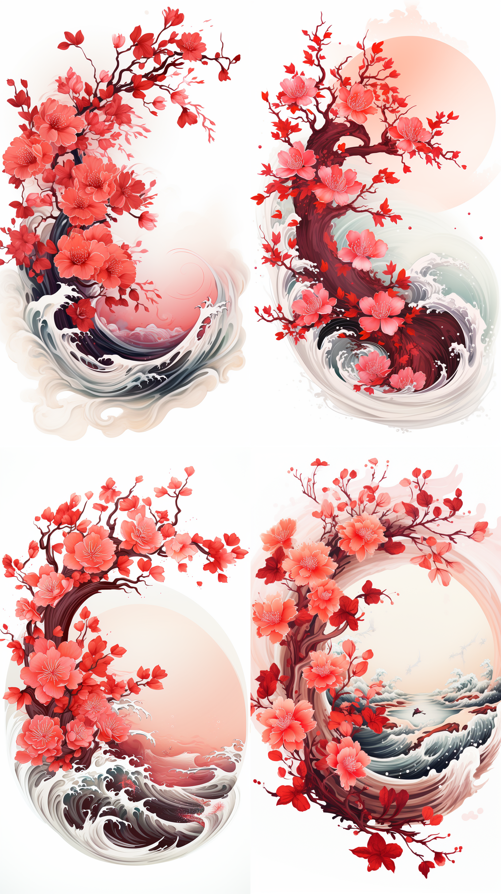 flowers are more red than fire at sunrise, spring green river waves, s-shaped composition, bird view, minimalism, chinese ink painting