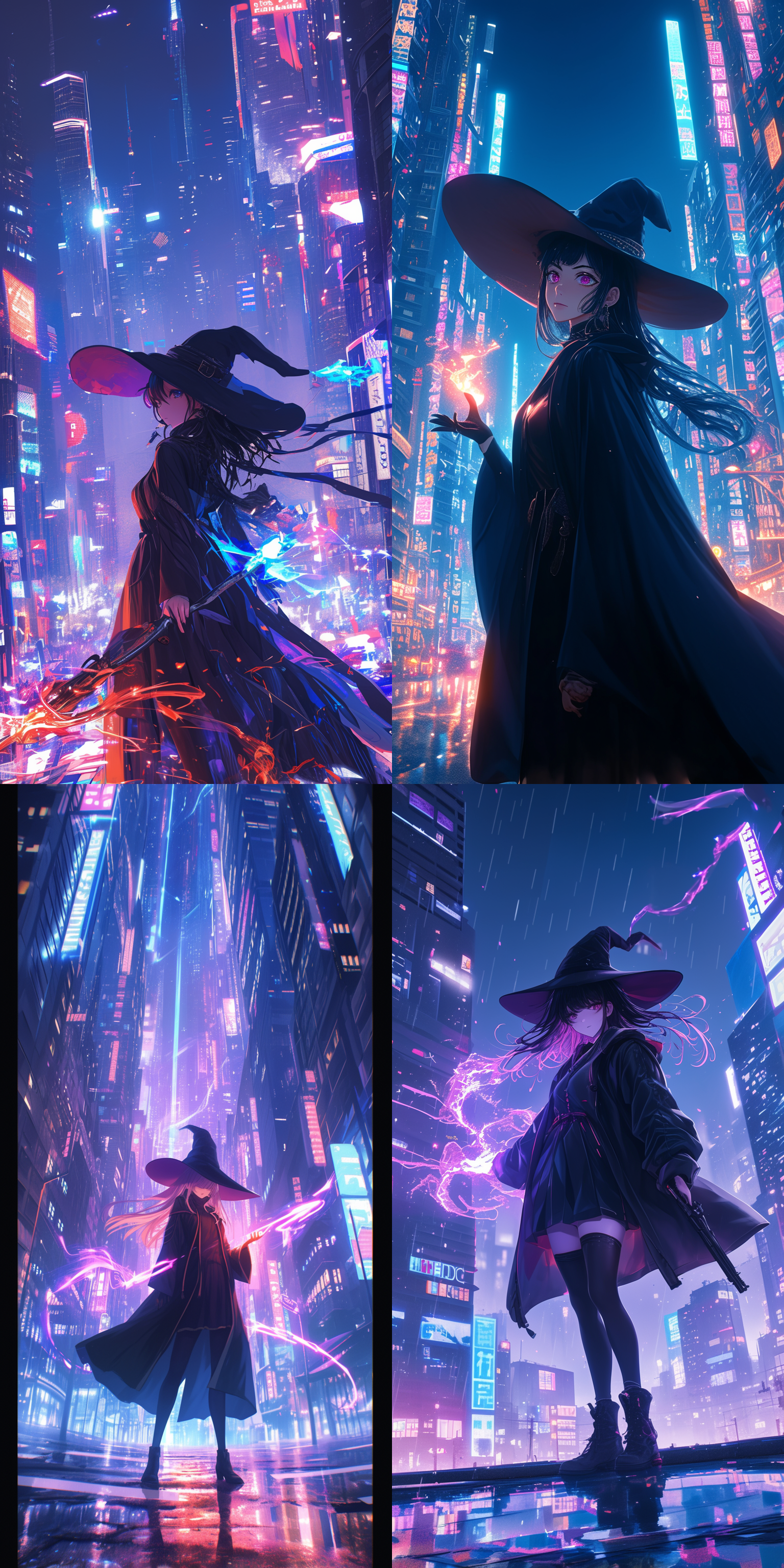 魔女站在城市街道上，她身穿现代化的黑色长袍，头戴宽边帽，手持发光的魔法法杖，背景是高楼大厦和闪烁的霓虹灯。现代风格，动漫画风，霓虹色调，长焦镜头，城市景观，夜间拍摄，魔法动作，神秘气氛，超能力展示。
