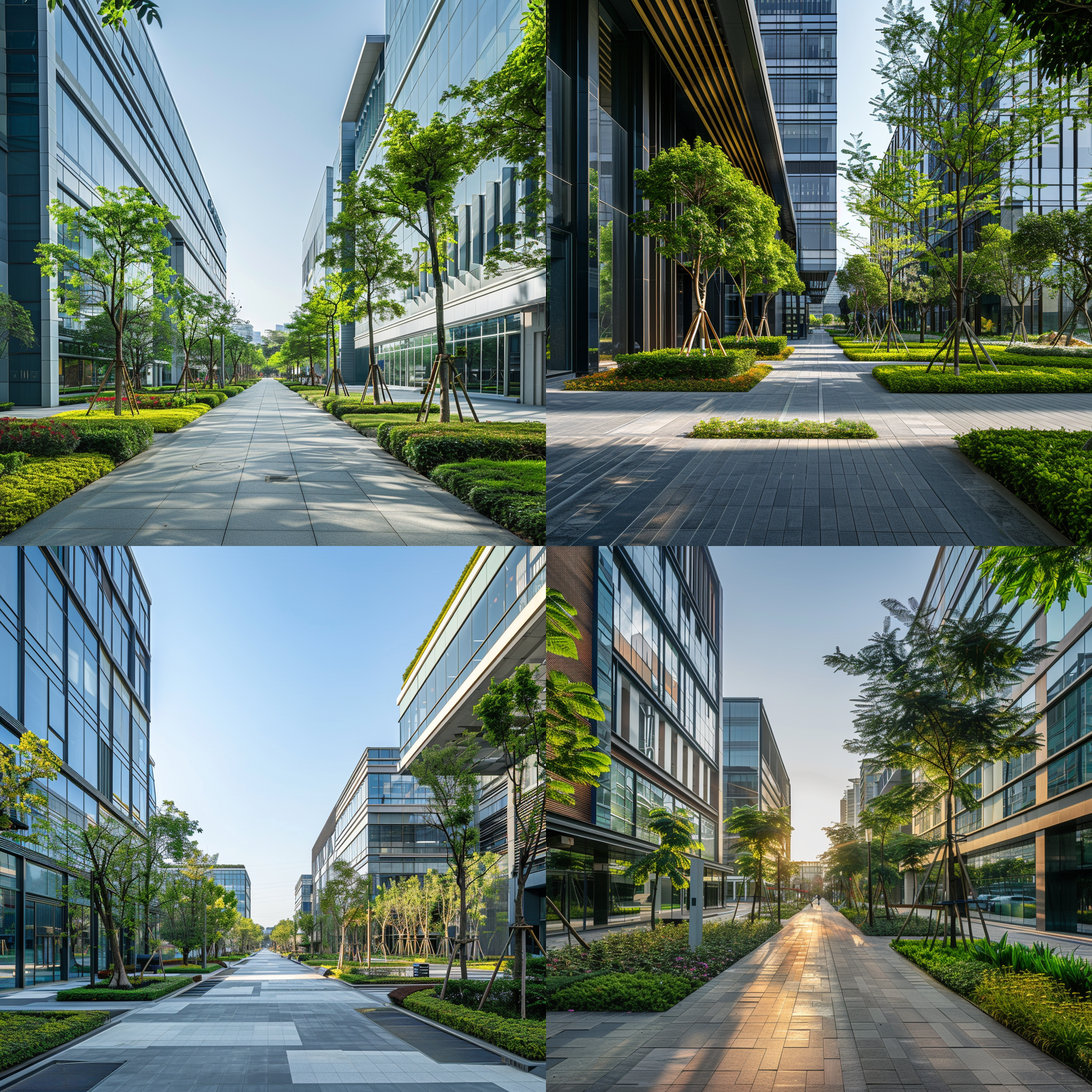 现代办公园区，绿植丰富，笔直道路，极简主义构图，明亮色调，宽幅镜头，自然光，行人穿梭，清新。