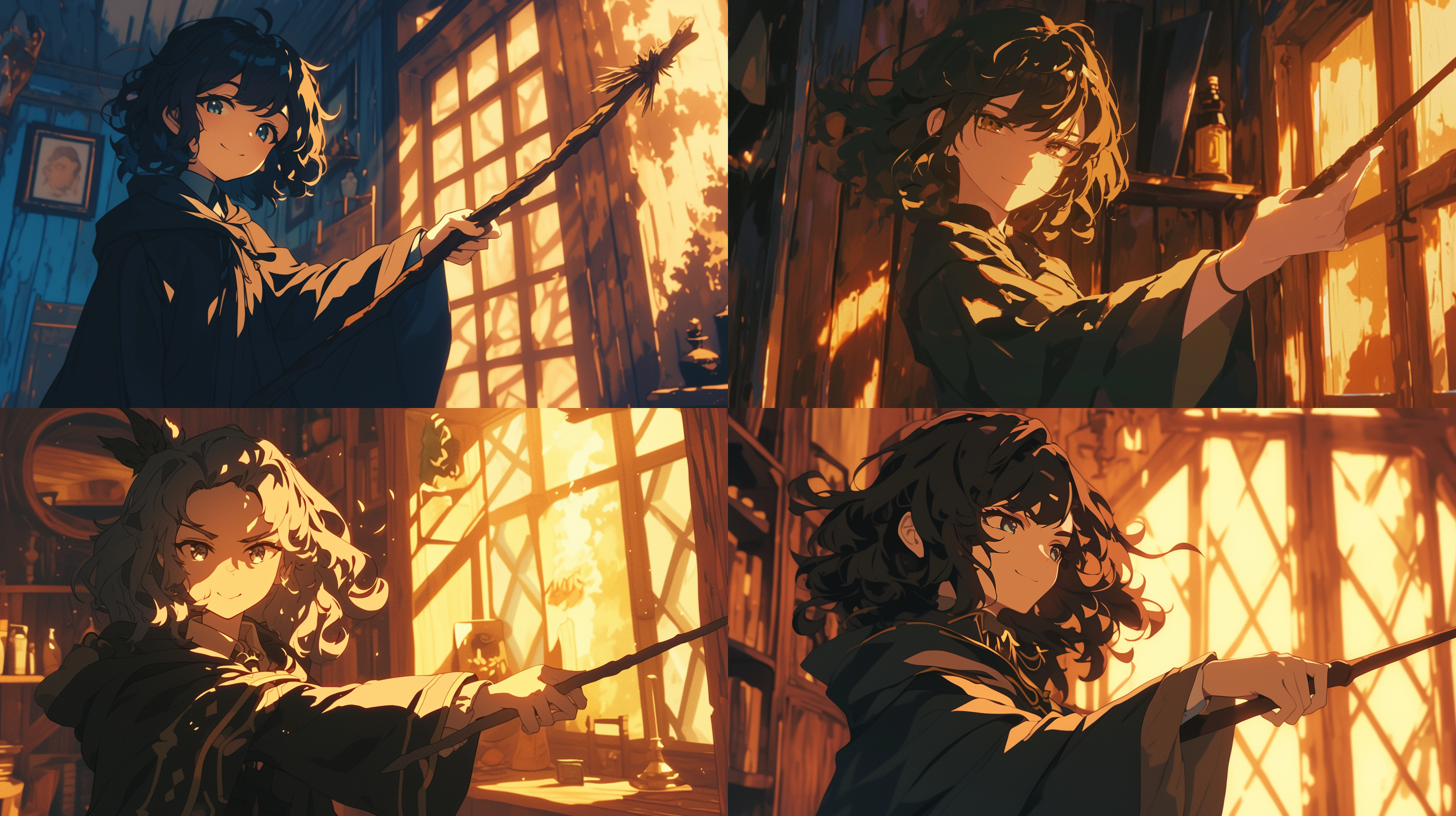 女黑魔导士施法于木屋内，光线透过窗户洒落在她的面孔上，她目光坚定，面带微笑，穿着黑色长袍，手持魔法法杖。动漫画风，暖色调，侧光，中焦距镜头，神秘氛围，自信，魔法释放。