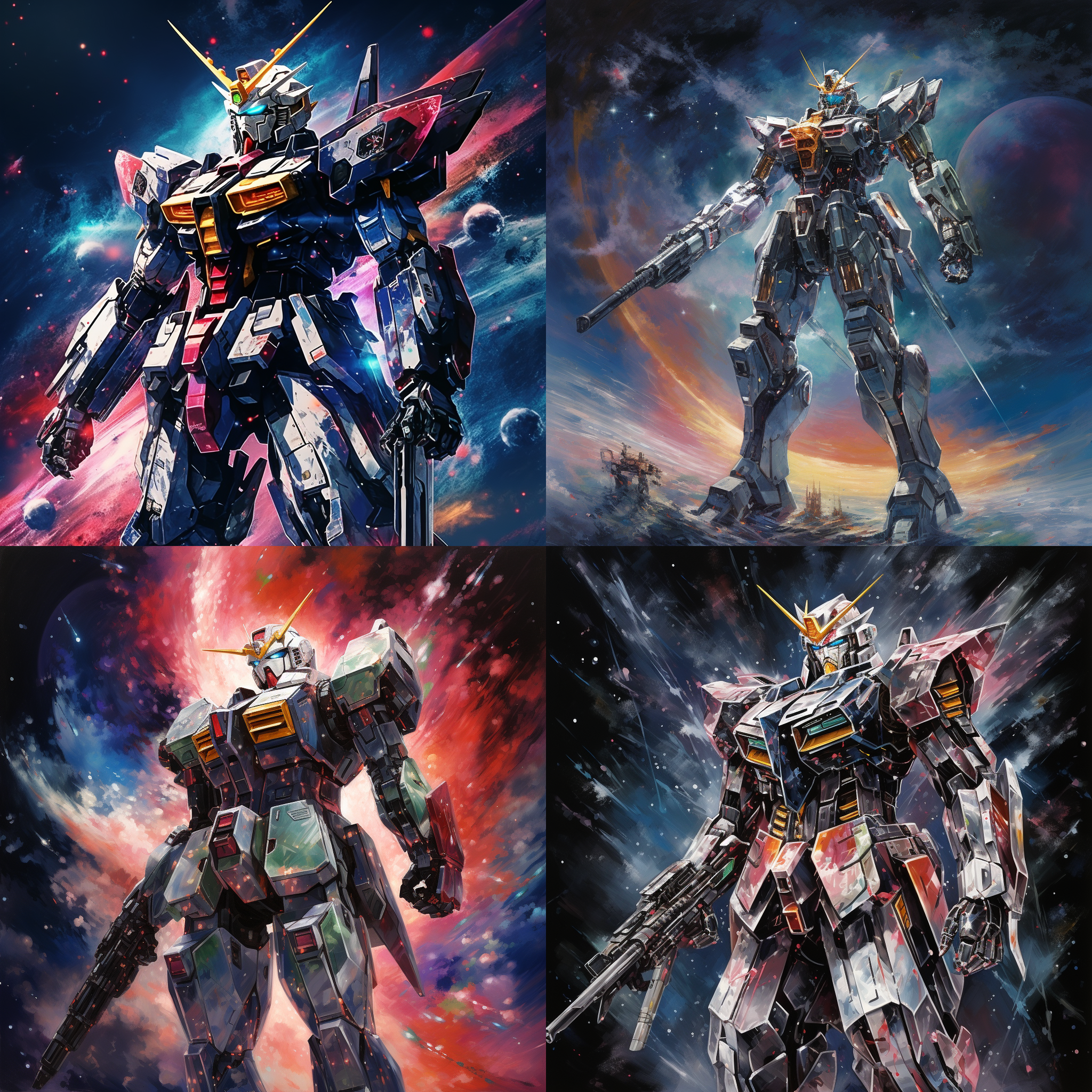 高达站在宇宙深处，背景是太空和半个地球，星舰在远处。机械感十足的高达身姿挺拔，凝重而威严。明亮的金属色调和深邃的宇宙黑，透露出未来科技的魅力。机械、未来、英勇、壮丽。
