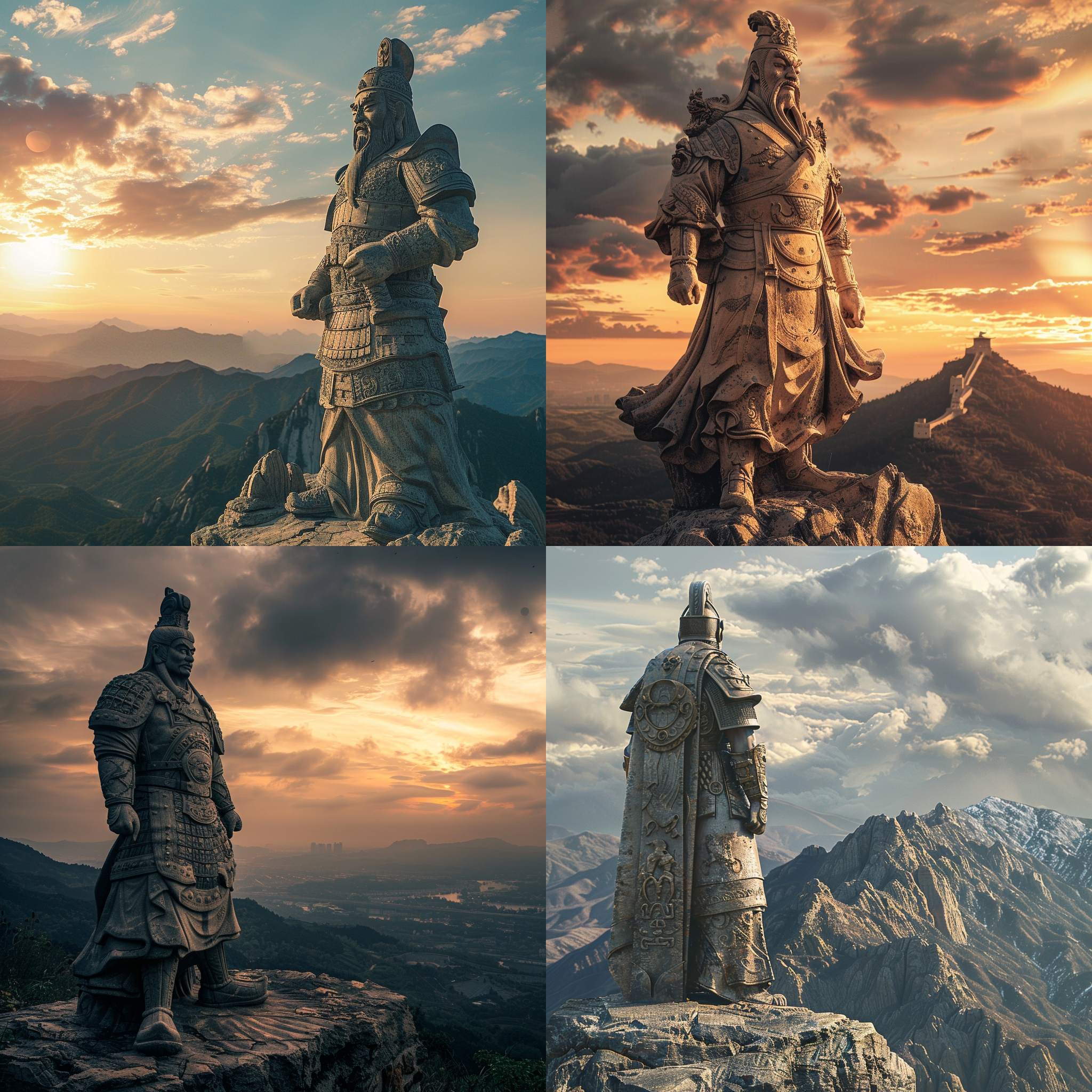古代将军石像，庄严威武，山顶上，雄伟壮观，青铜色调，长焦镜头，逆光，站立，威严。