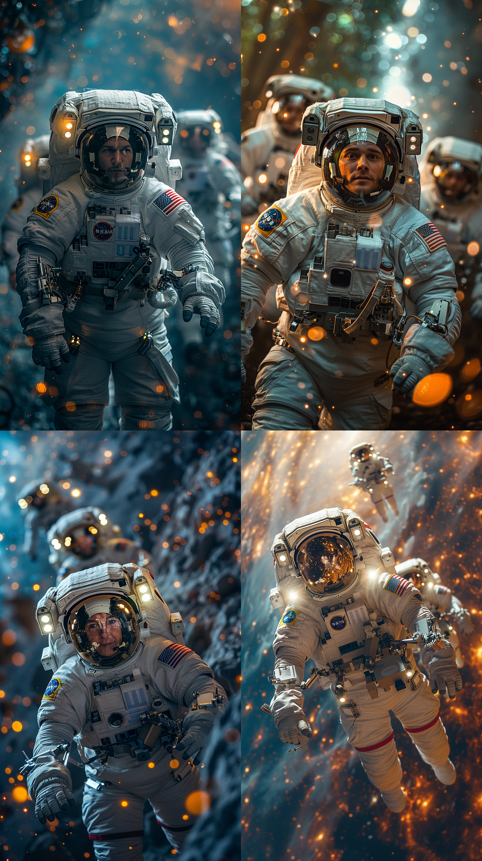 中国宇航员在太空站, 宇航服装, 无重力环境, 明亮色彩, 星空背景, 前景中的太空站模块, 太阳光线, 镜头眼神接触, 冷色调, 悬浮动作, 未来主义风格。