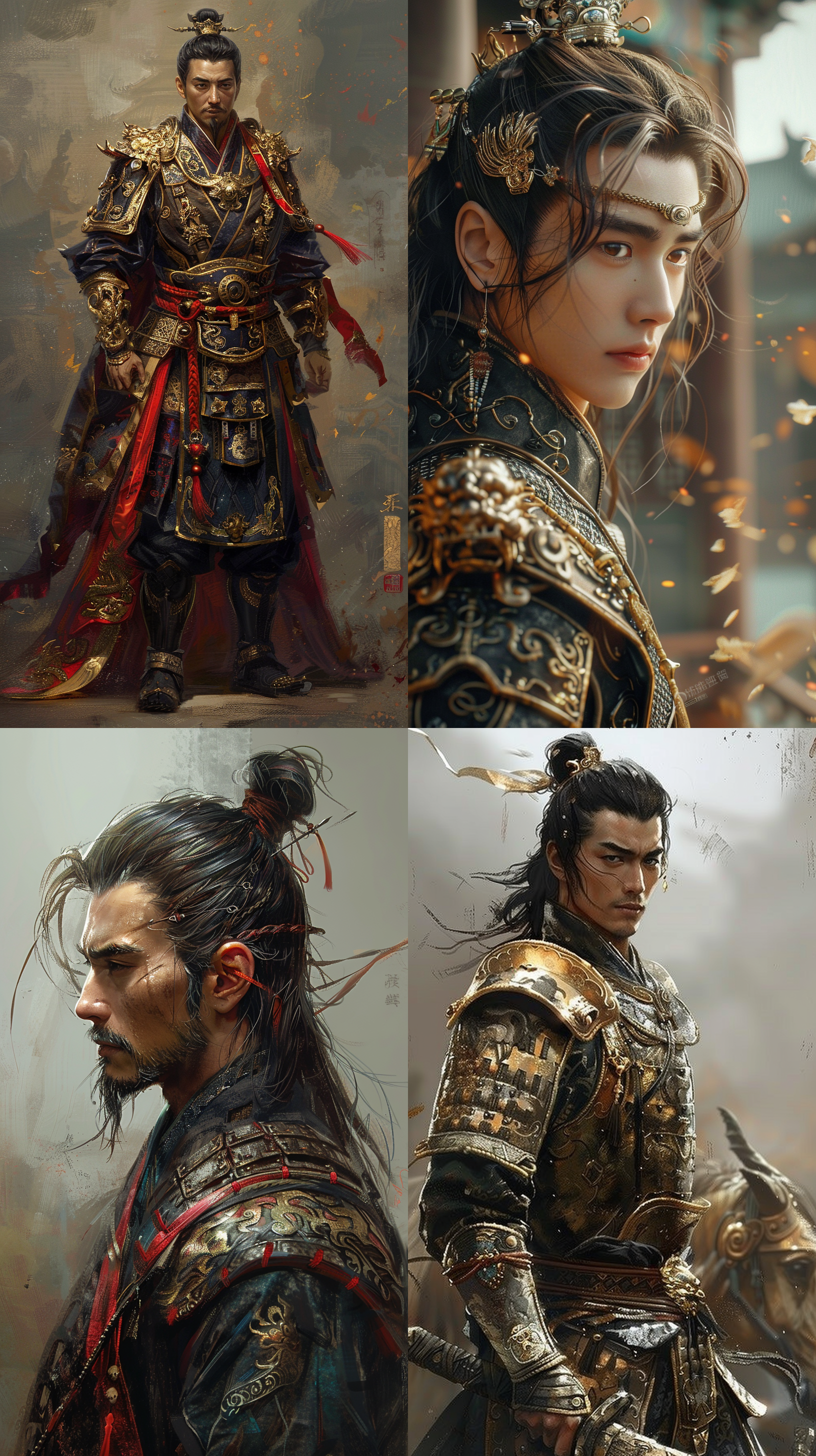 中国古代男性 身材健硕皮肤白皙 中国古代侠客 目露凶光 精致的线条 多彩的颜色渲染 束发 国风侠士 hdr画质 标准的五官 颜色以金黄色为主 华丽的衣服 中国古代建筑 手持武器 年轻帅气 武器指向敌人