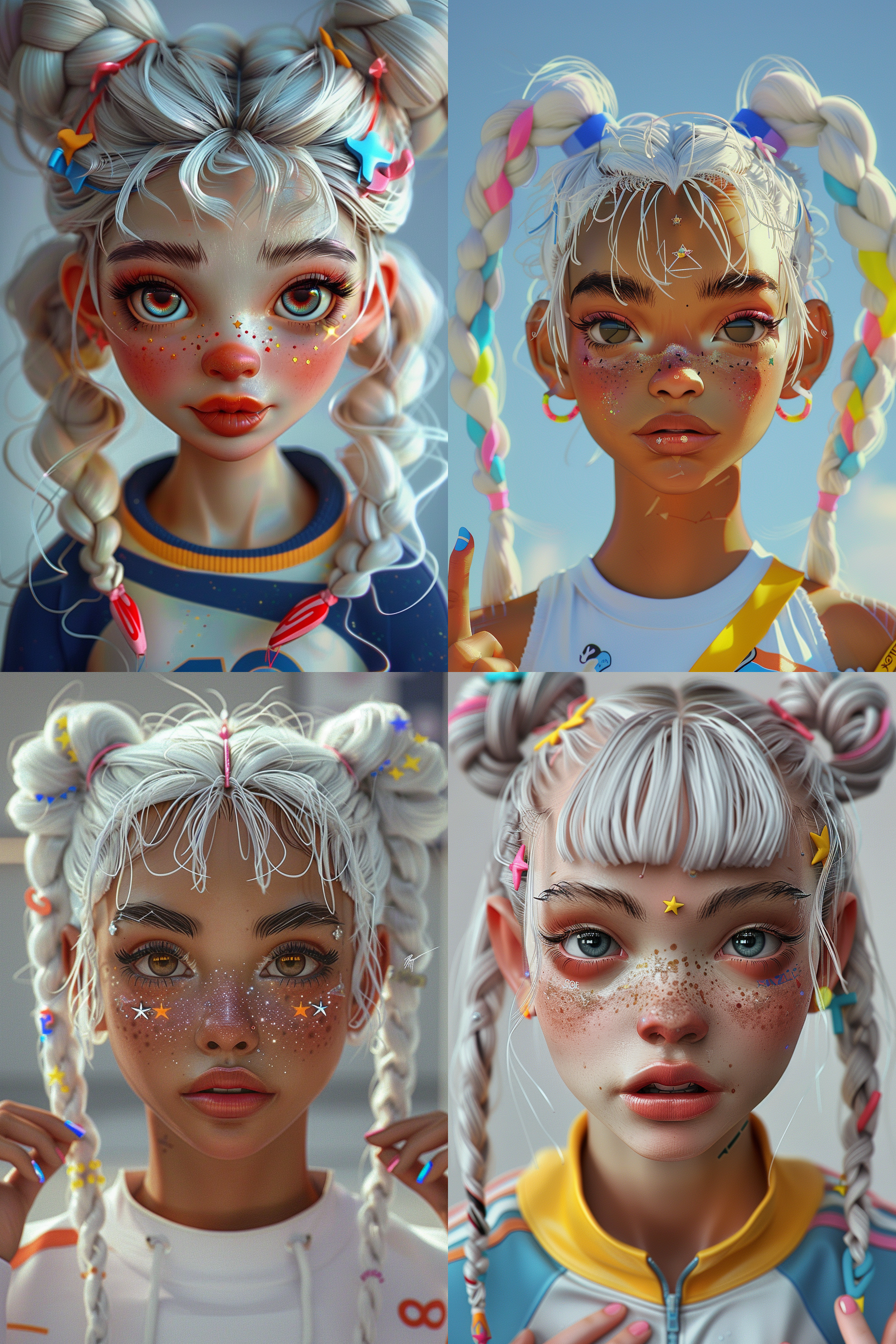 一个女孩，白皮肤，双马尾大麻花辫分别落在两个肩膀上，漏出额头，弯弯的眉毛，大大的眼睛，黑色眼珠，眼角两旁有亮闪闪的小星星，头上有彩色的可爱小发卡，穿着田径运动员的运动衣服，用手指比一个大大的爱心，有甜甜的笑容 腰部以上 头部特写 胸部以上 全身