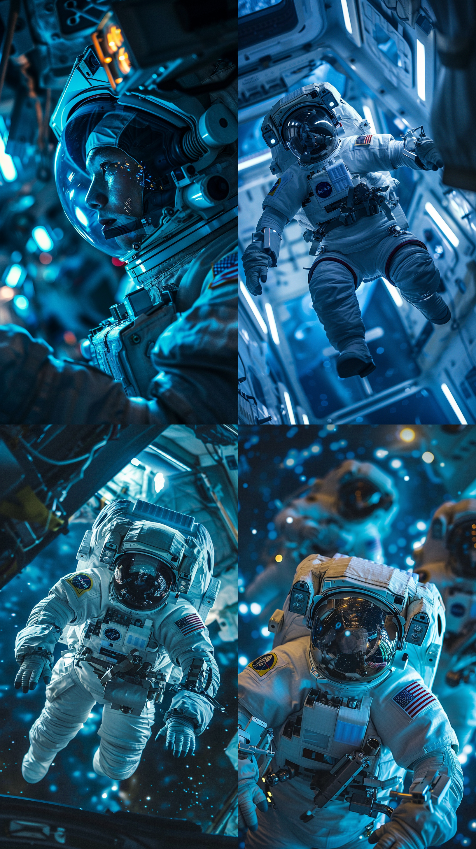 中国宇航员在太空站，宇航服，零重力，科幻风格，太空背景，蓝色调，广角镜头，柔和侧光，漂浮，震撼。