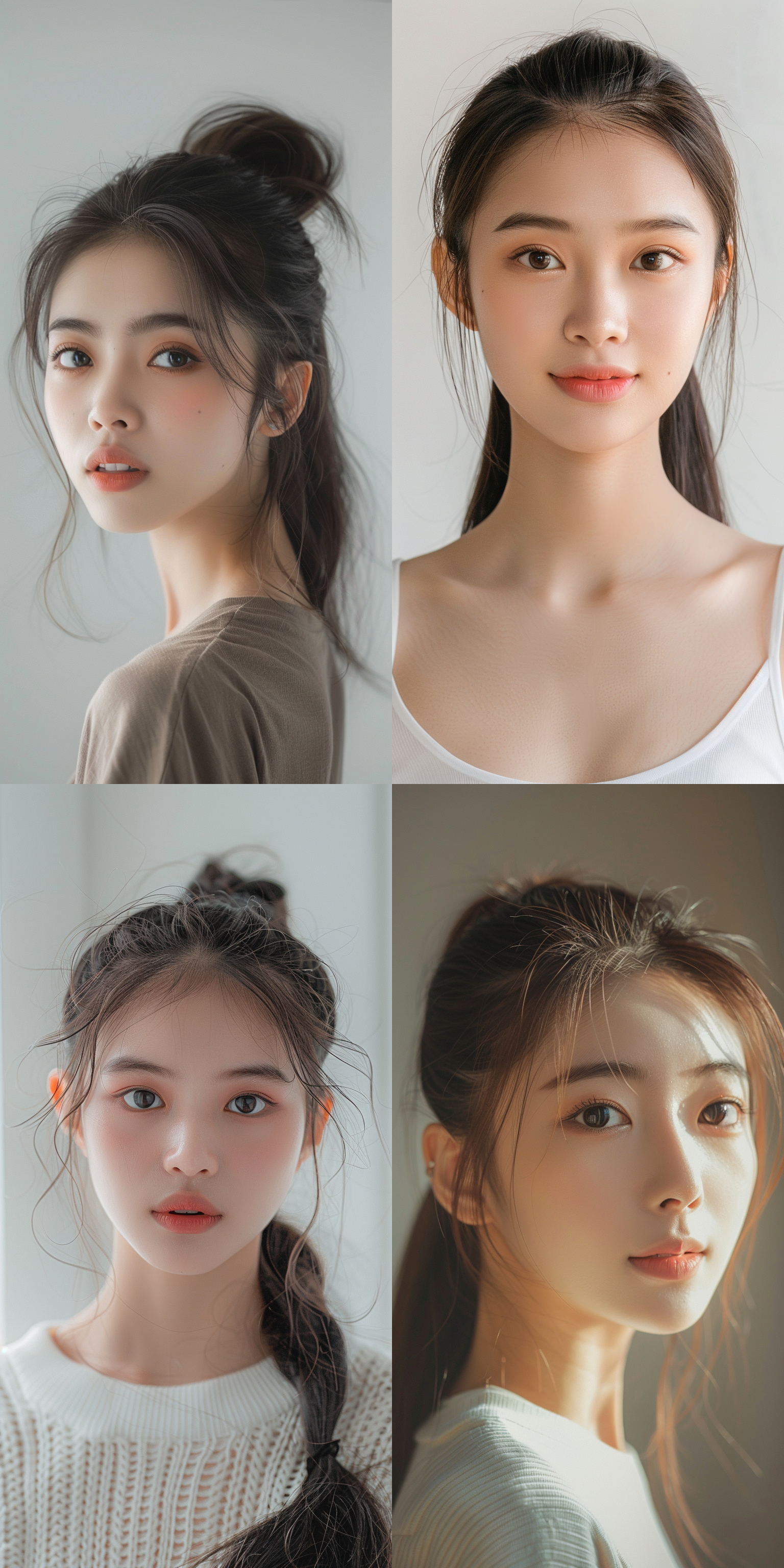 亚洲女孩双马尾，鹅蛋脸，腮红，粉底，汪汪大眼睛，身材苗条，全身对着镜头。清晰焦距，室内拍摄，柔和侧光，浅色调，微笑，自信。