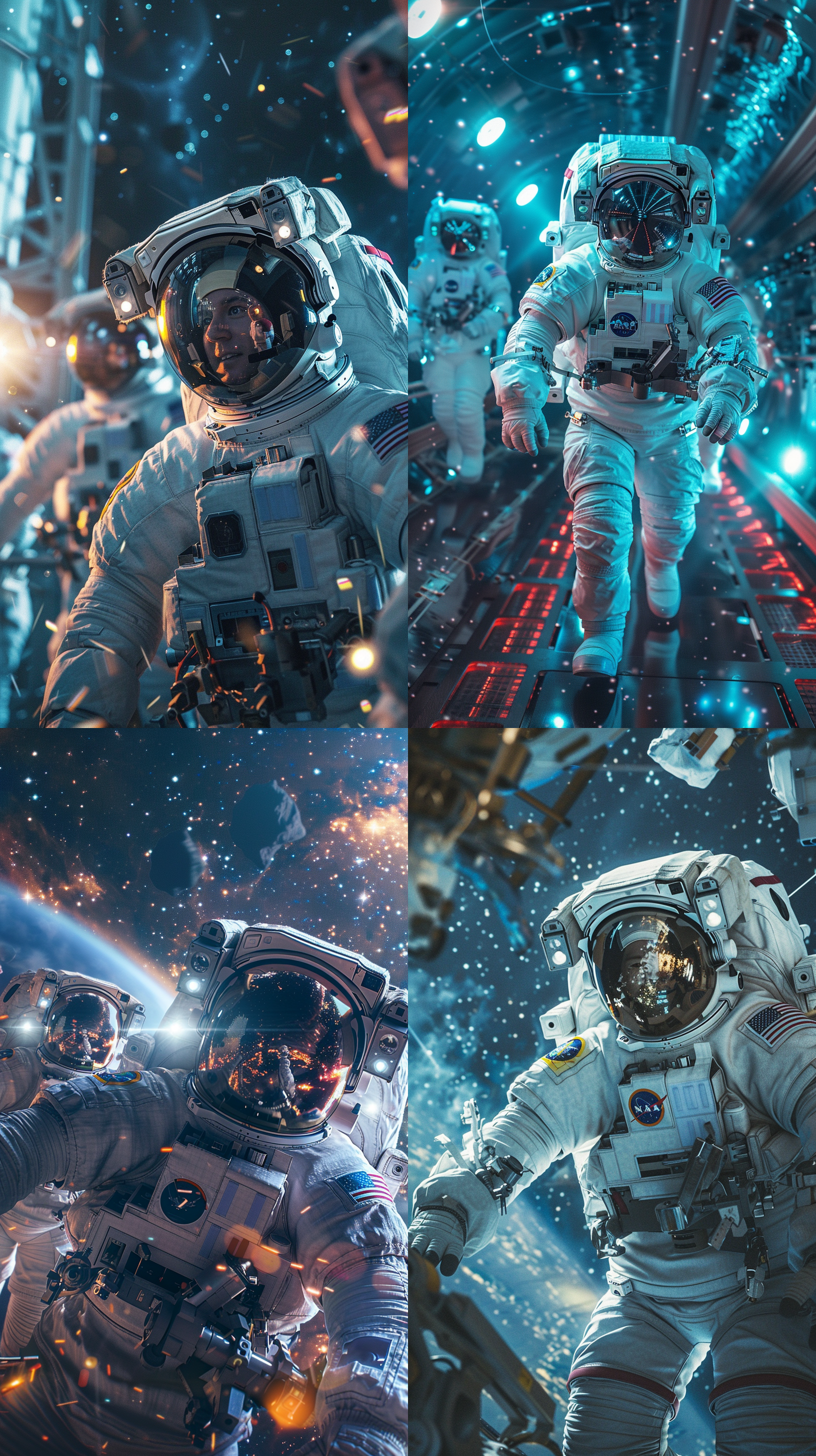 中国宇航员在太空站, 宇航服装, 无重力环境, 明亮色彩, 星空背景, 前景中的太空站模块, 太阳光线, 镜头眼神接触, 冷色调, 悬浮动作, 未来主义风格。