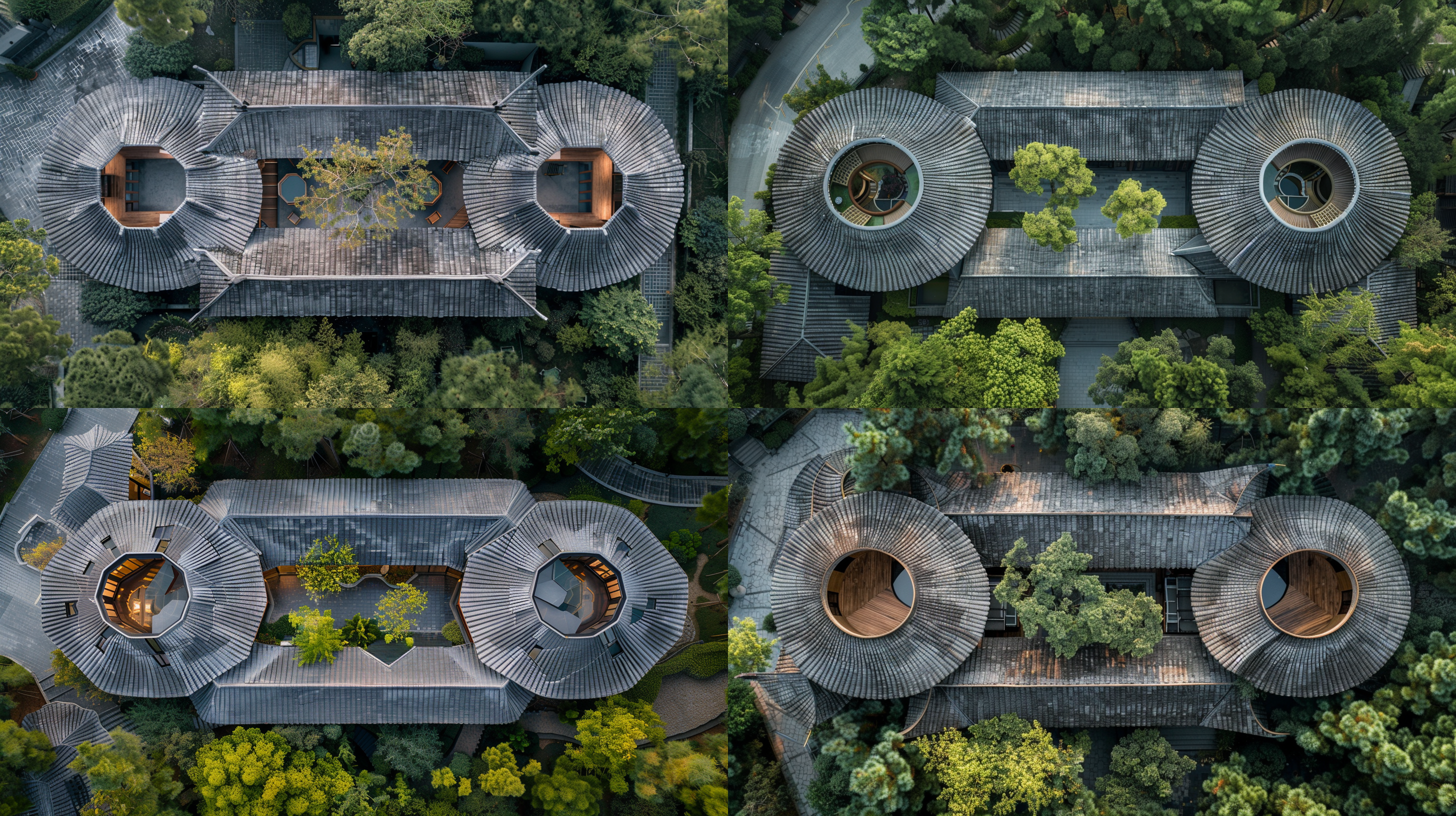 bird's eye view of a chinese sloped roof house with octagonal rings