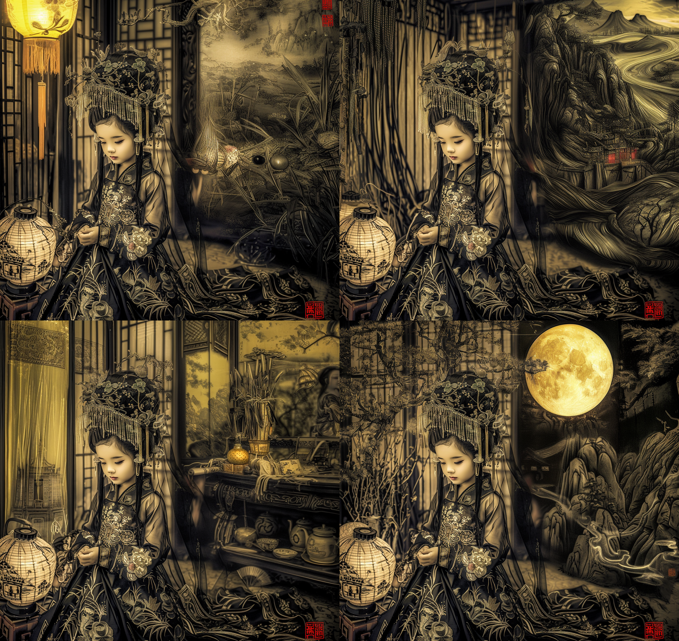 12岁中国女孩，高清拍摄，写实风格，全身照，摄影，教室，充足的照明，前光，50mm定焦镜头，暖色调，清新简洁背景，聚光灯，紧身裤，红色皮鞋，头上两个马尾辫，电影风格，中国，古风唐装，山水画背景，端庄仪态，细节丰富，古典色调，中长焦镜头，自然光，微笑，优雅。