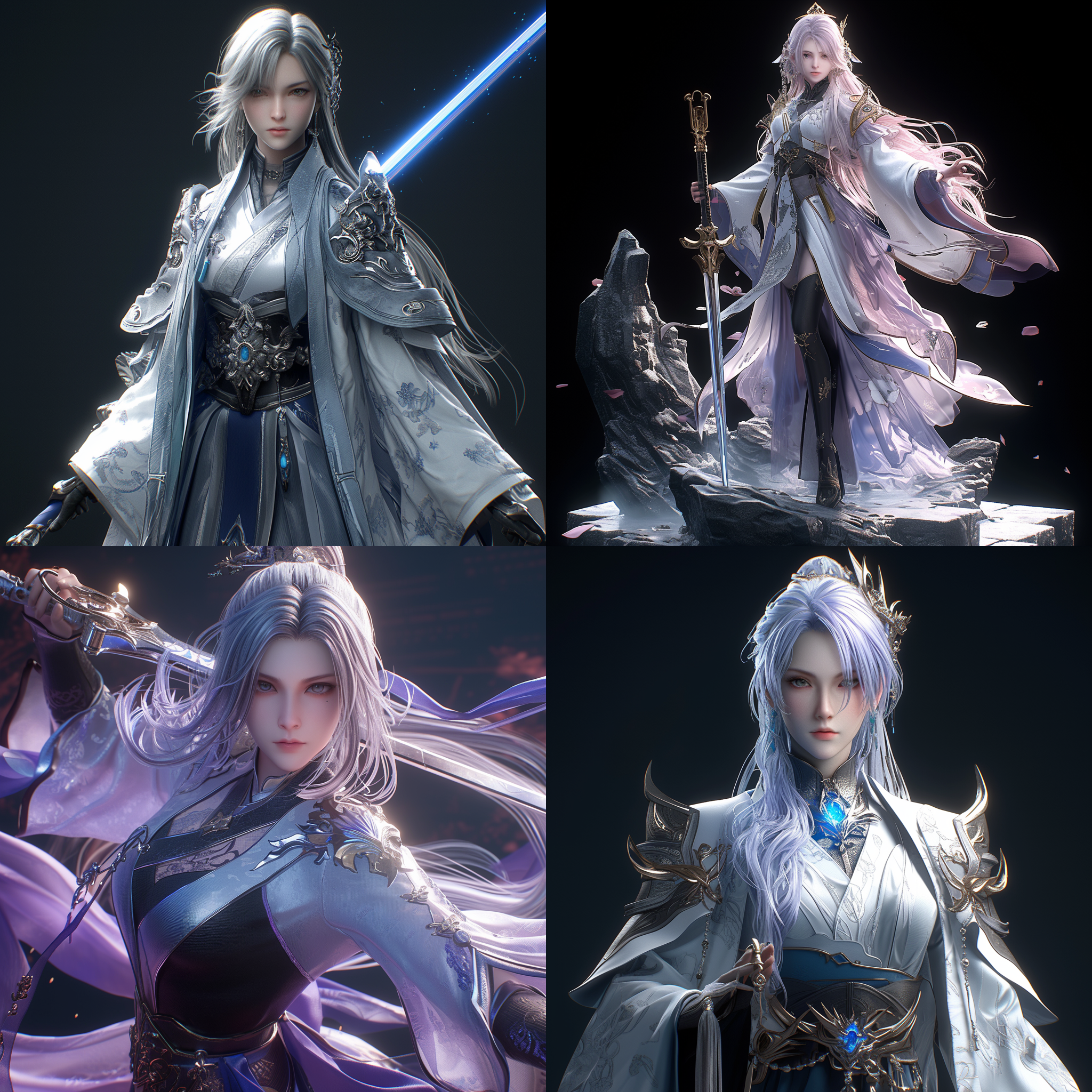 full body,a chinese handsome girl, sharp eyes, dressed in hanfu, black background,in battle,martial arts action,silver hair, in the style of light purple and light blue, hyper realistic sci-fi, optimized material, movie poster, glow effect, high detail, detail shot (ecu), unreal engine, quixel megascans render, 3d
