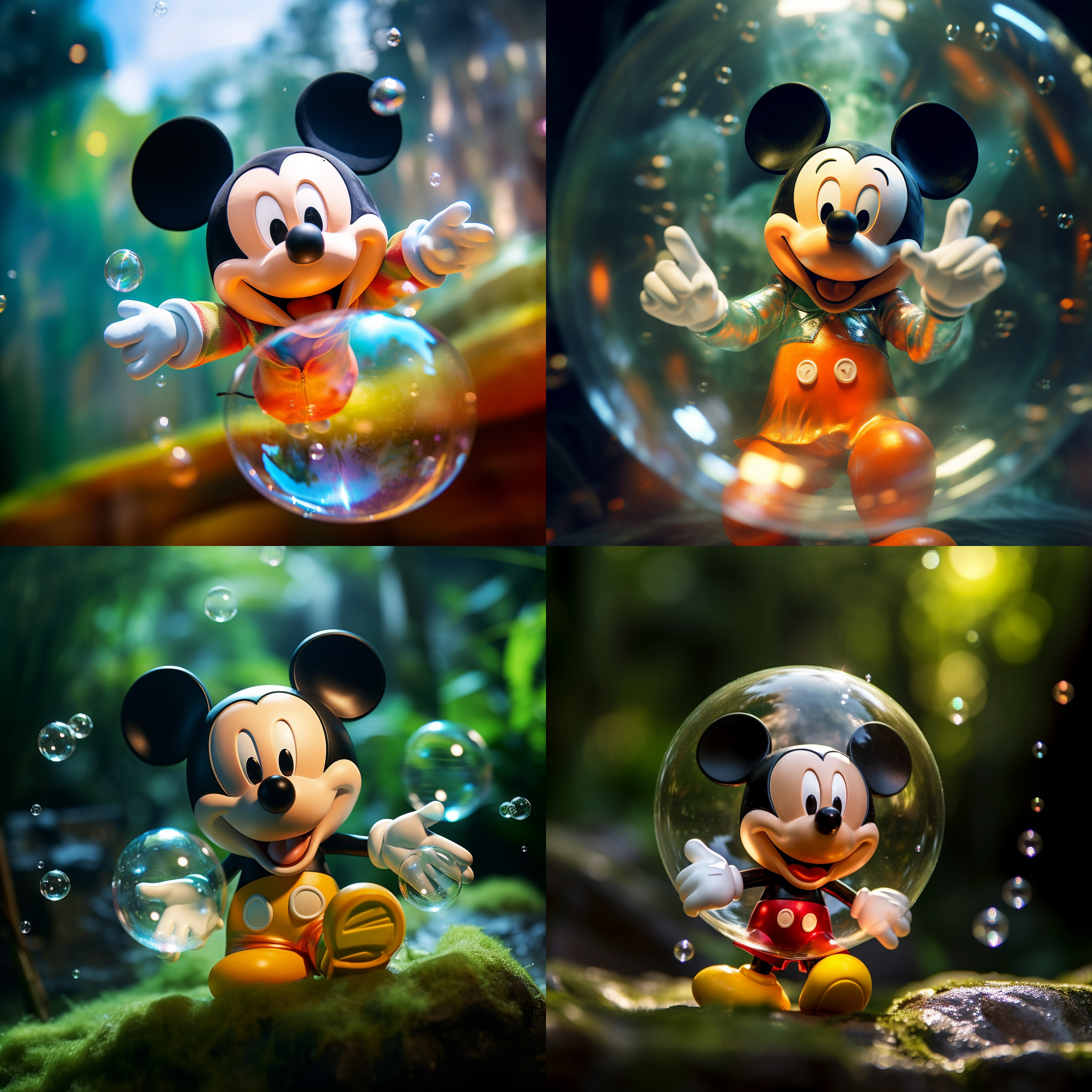 泡泡中的米老鼠，卡通人物，梦幻风格，彩色，环境光，微距镜头，悬浮，童趣，多彩，幻想，快门速度。