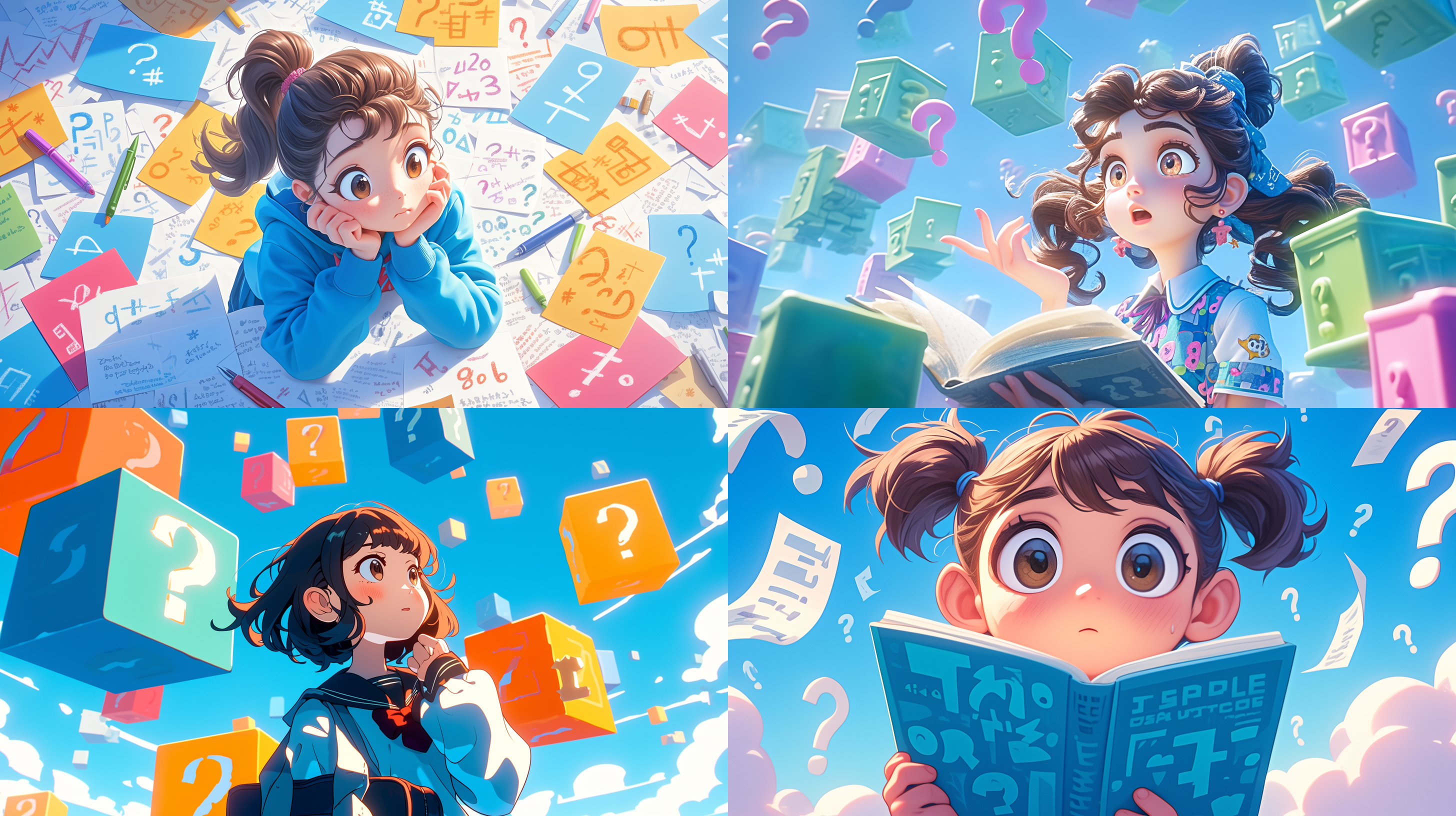 3d卡通小学生，白色背景，45度角度，平视，校服，疑问表情，天空飘着问号，明亮色彩，细节丰富，俯视角度，温馨，活泼。