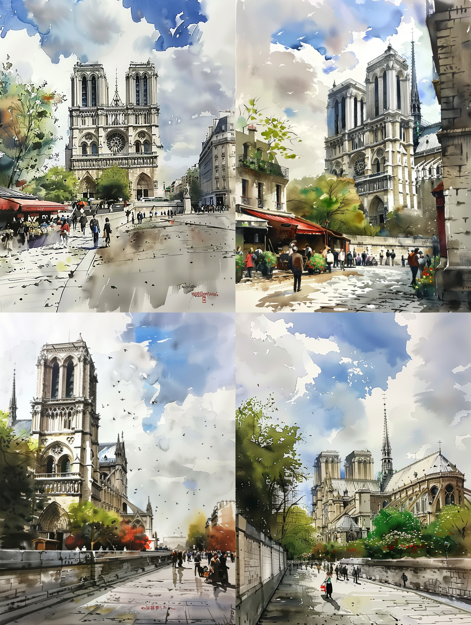 水彩画，巴黎圣母院，阳光洒落在古老的教堂上，白云飘过蓝天。透视线引导视线，反映在玻璃窗上的光斑点缀画面，唤起温暖的氛围。细腻的色彩渲染勾勒出建筑的细节，令人沉浸在浪漫的巴黎氛围中。水彩风格，远景，细节丰富，阳光明媚，温暖色调，唯美。 水彩 城市 远景透视 莫兰迪色 环境光 梵高 当代建筑