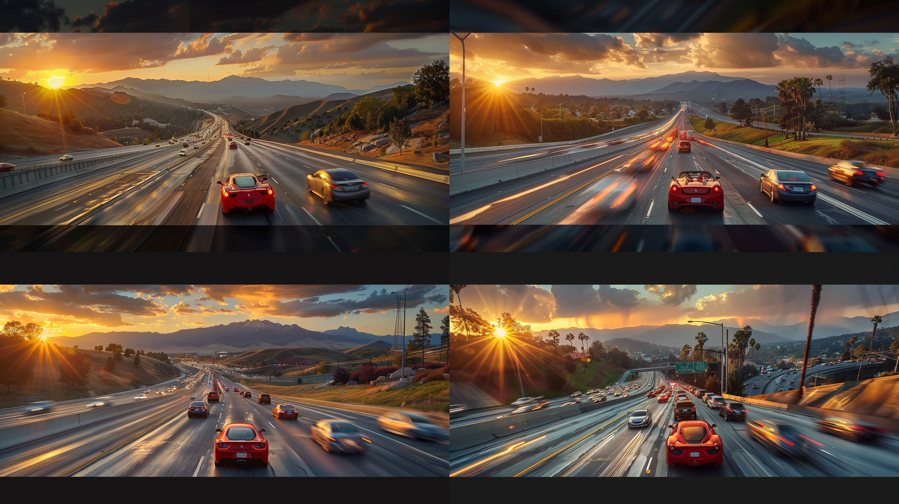 bird view,on the highway, as the sun sets in the west, the traffic flows like a web, and the distant mountains are faintly visible, a red sports car speeding past. telephoto lens, backlight shooting, shutter priority, sense of speed, warm tones, excitement.