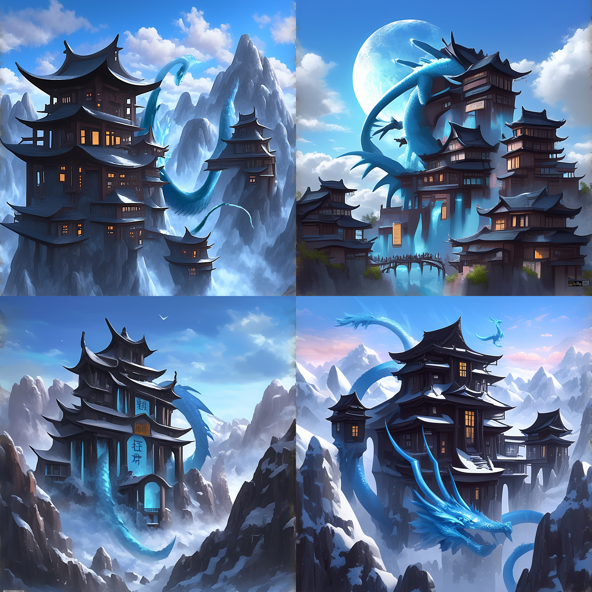 中国古风小筑，未来科技城市，唯美哥特风格，赛博朋克背景，深蓝色中国冰龙，全身闪着光，细节丰富， 中式赛博 新未来主义 可持续建筑