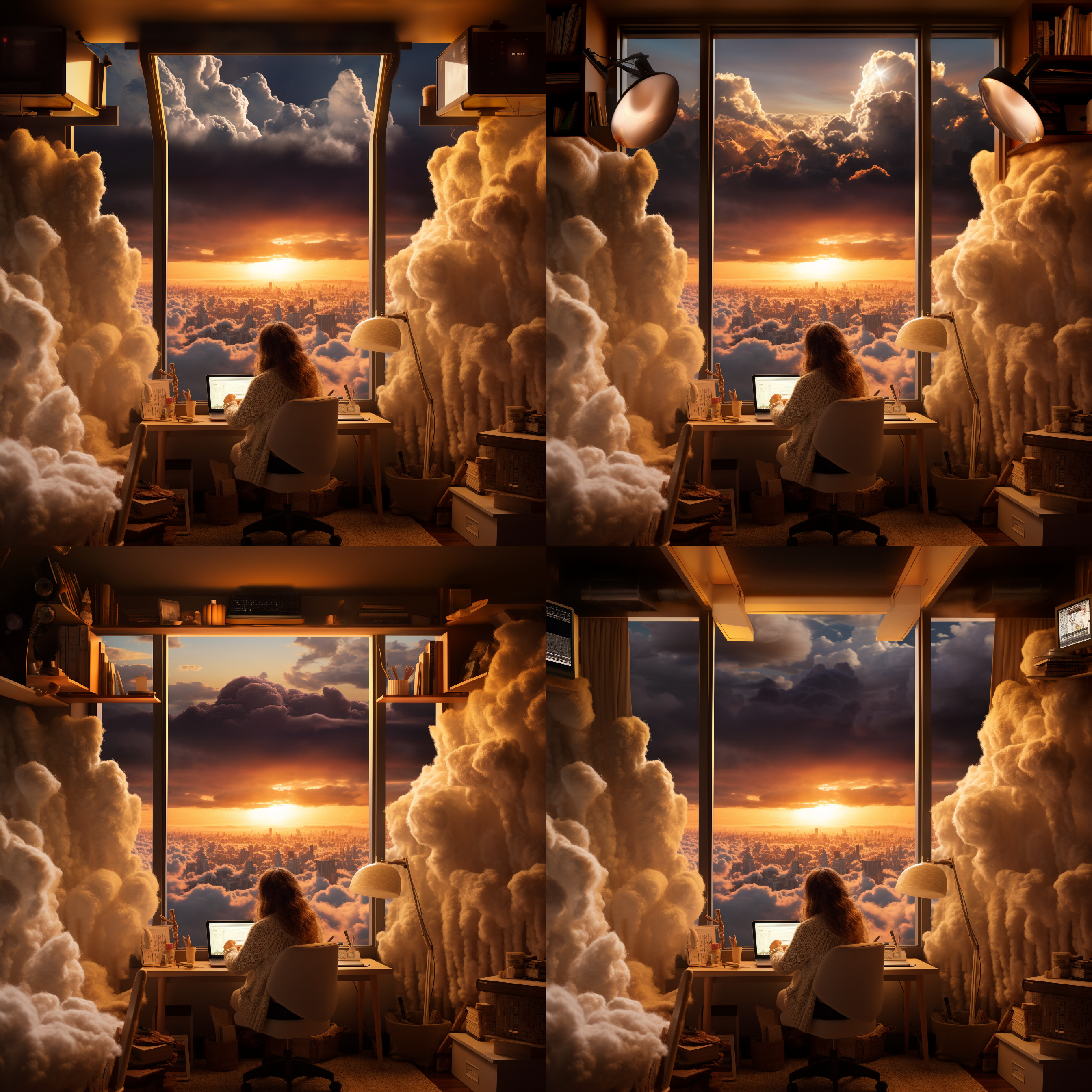 羊毛毡迷你景观，办公室内，温暖的照明，设计师认真地在电脑前工作，羊毛毡，电影般的照明，oc渲染，超详细，3d，4k