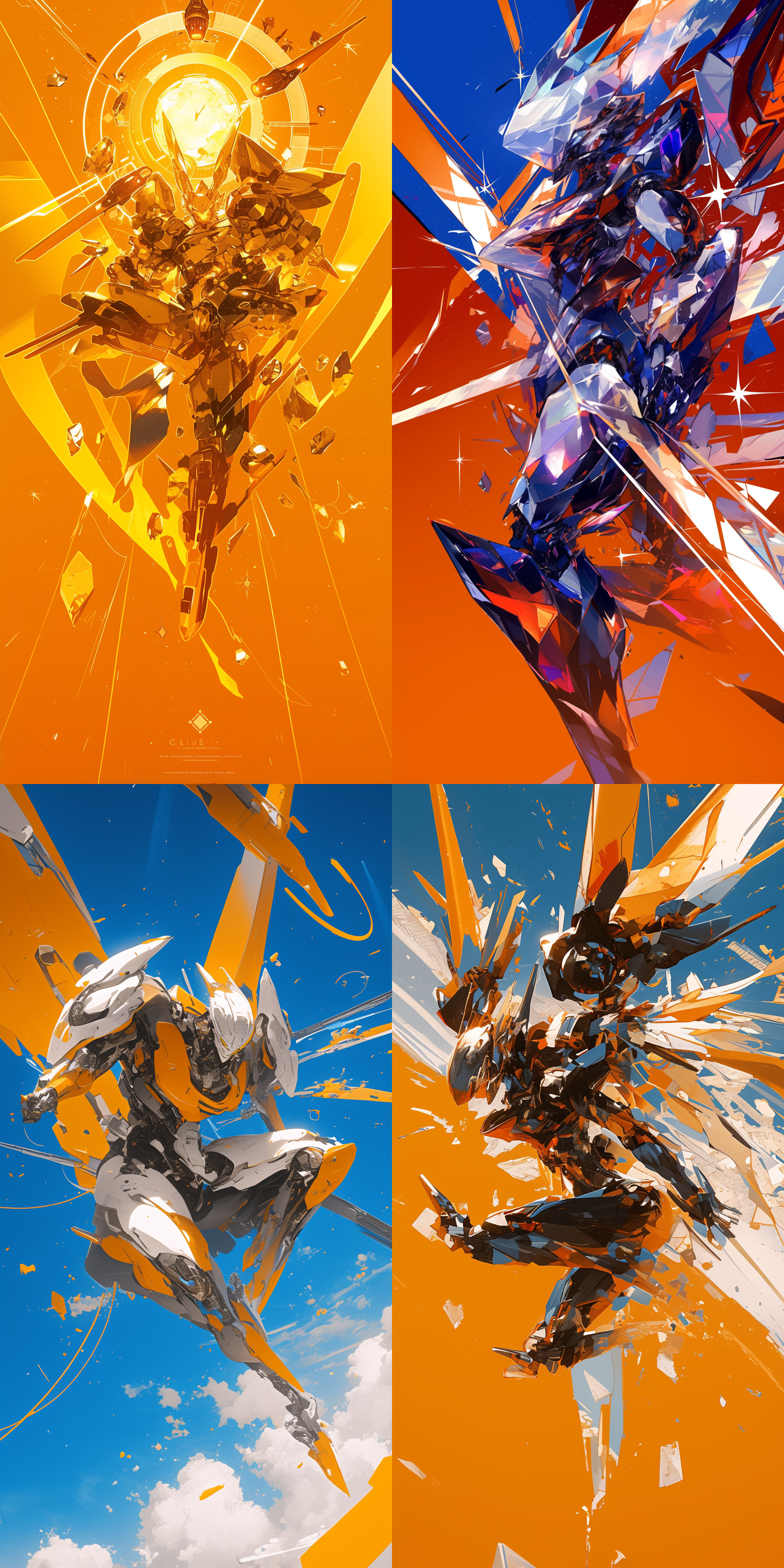 超清图，爆裂机甲，纯净背景，视觉冲击，震撼 全身 钻石 水晶 全身 金属质感 仰视视角 橙色