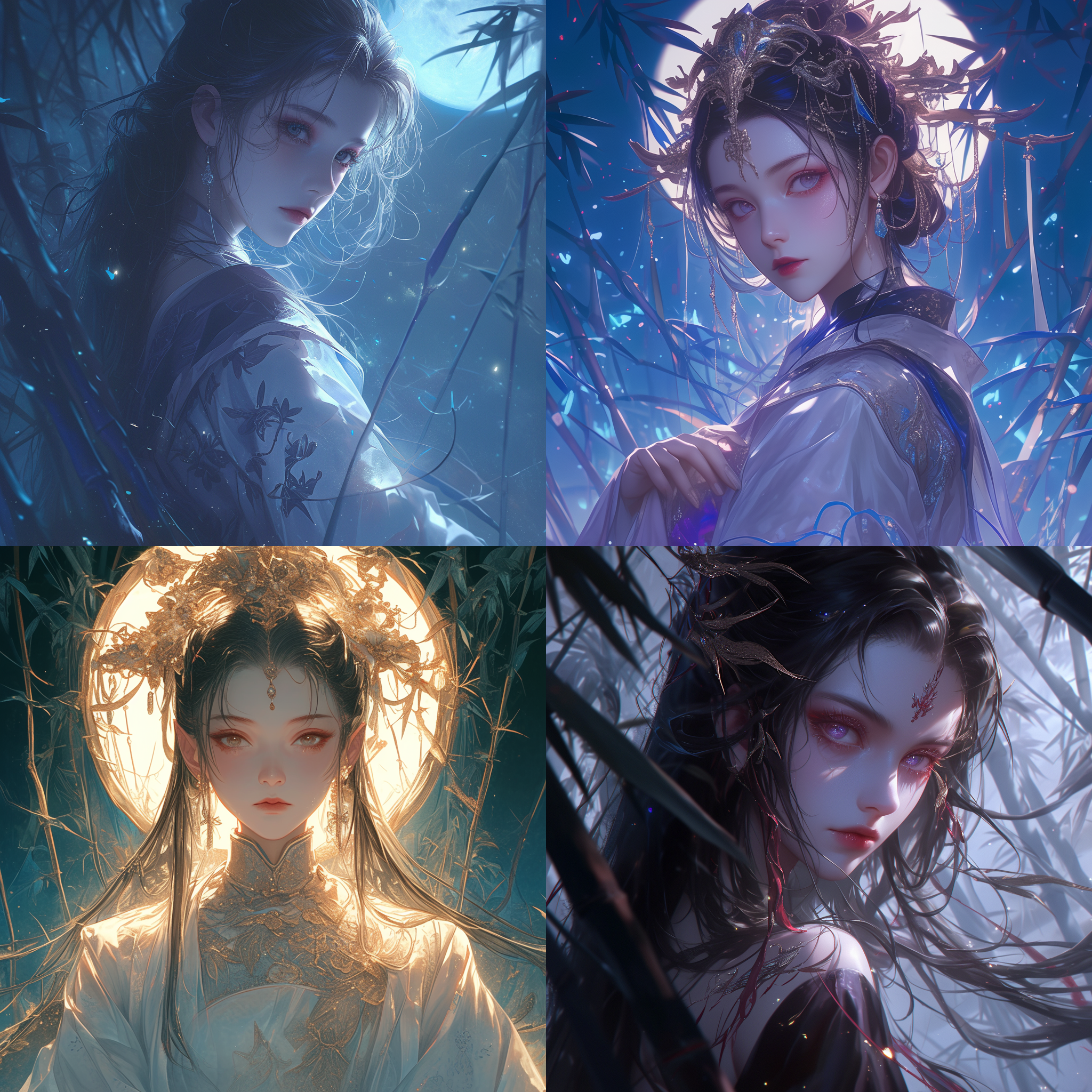 china，妖族少女，眼角有藤蔓花纹，古风服饰，竹林，夜晚，银色月亮，半身像，cg插画风格，柔和色调，光影效果，景深，细节精致，绚丽，梦幻，4k。