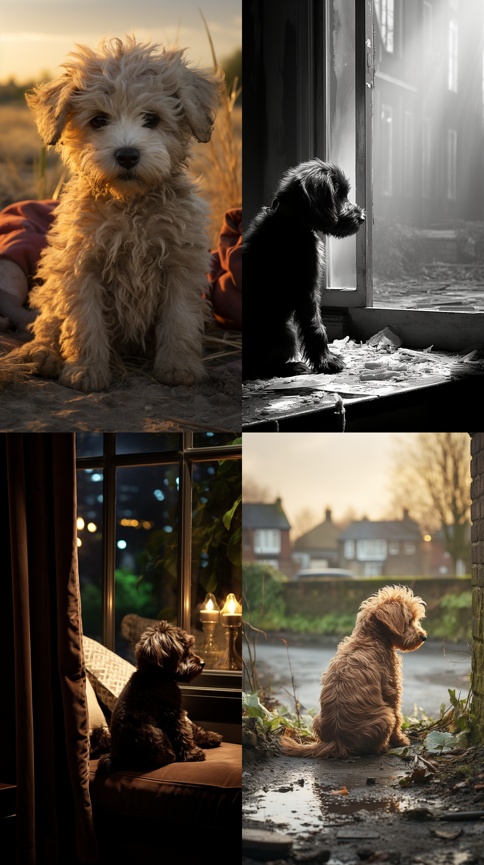 泰迪狗孤单背影，居家布景，柔和光线，长焦镜头，对焦模糊，中性色调，低饱和度，沉思，孤独。