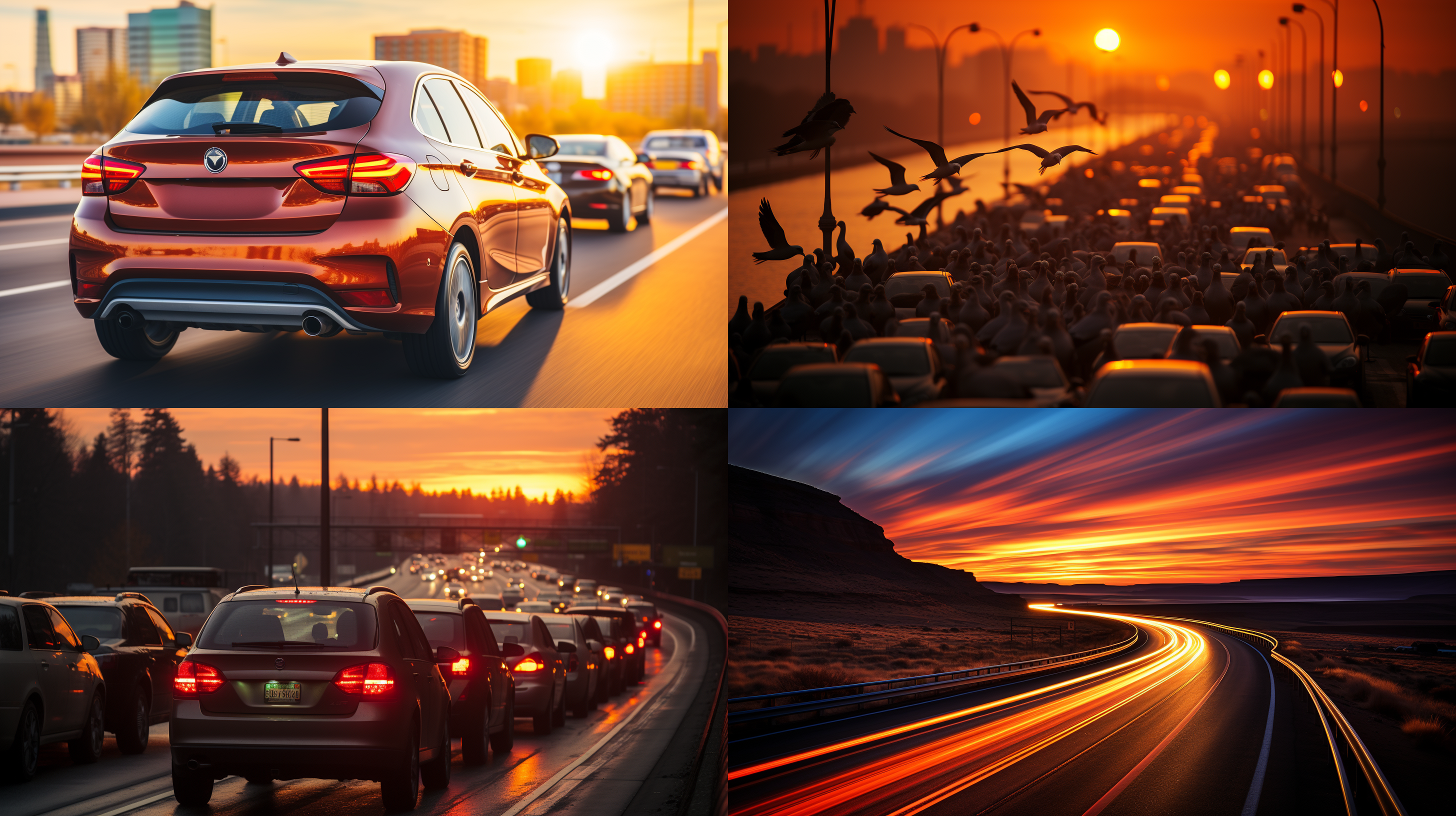 bird view,on the highway, morining,the traffic flows like a web, and the distant mountains are visible, cars speeding past. telephoto lens, backlight shooting, shutter priority, warm tones, excitement.