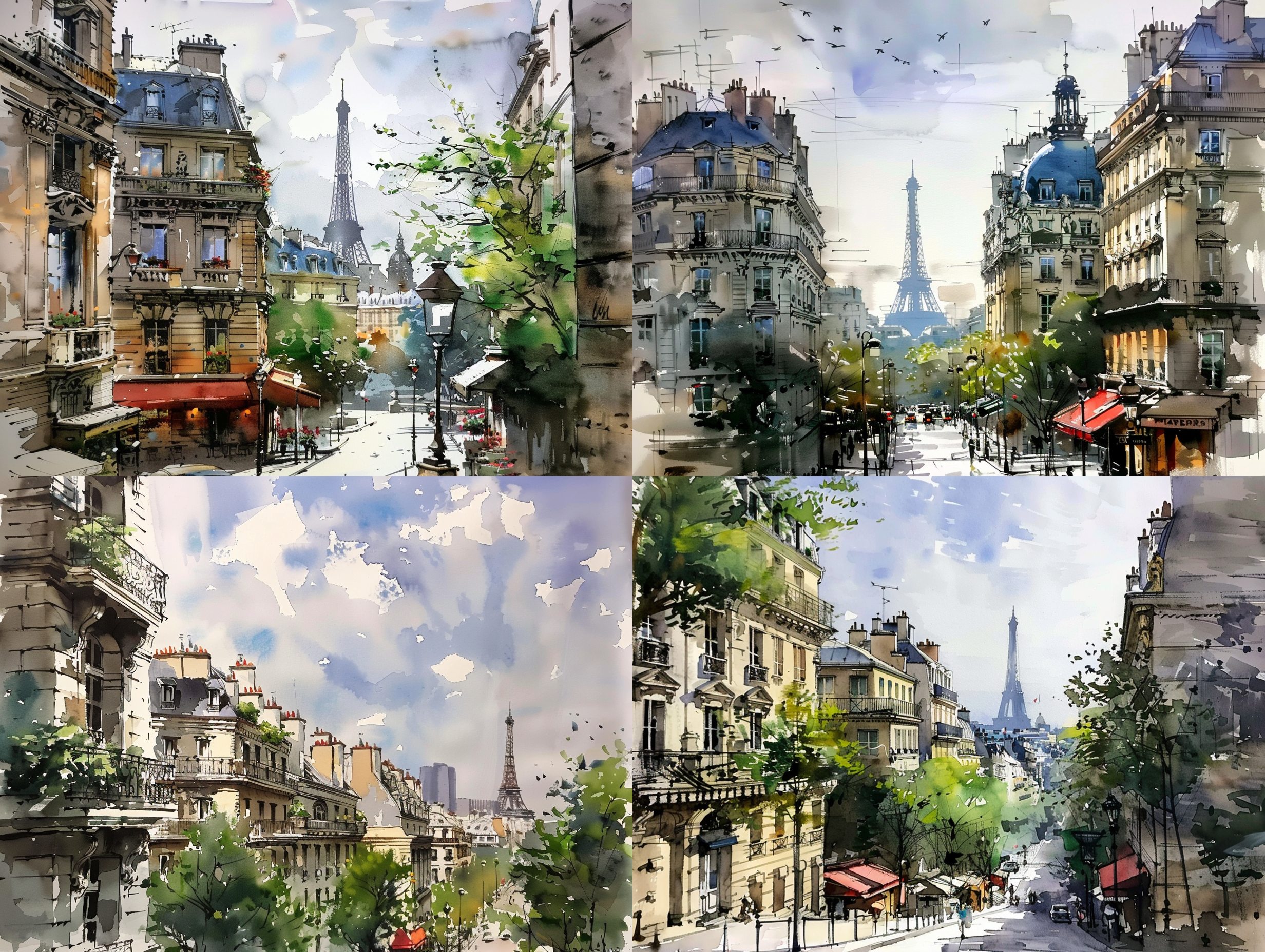 水彩画，巴黎街景，透过玻璃窗拍摄，阳光洒在古老建筑上，蓝天白云。细节丰富，色彩温暖，远景透视，水彩风格。 水彩，巴黎，古老建筑，阳光，玻璃窗，透视线，细节，温暖色调，蓝天白云，浪漫，唯美。 水彩 街景 阳光照射 全景 莫兰迪色 巴洛克建筑