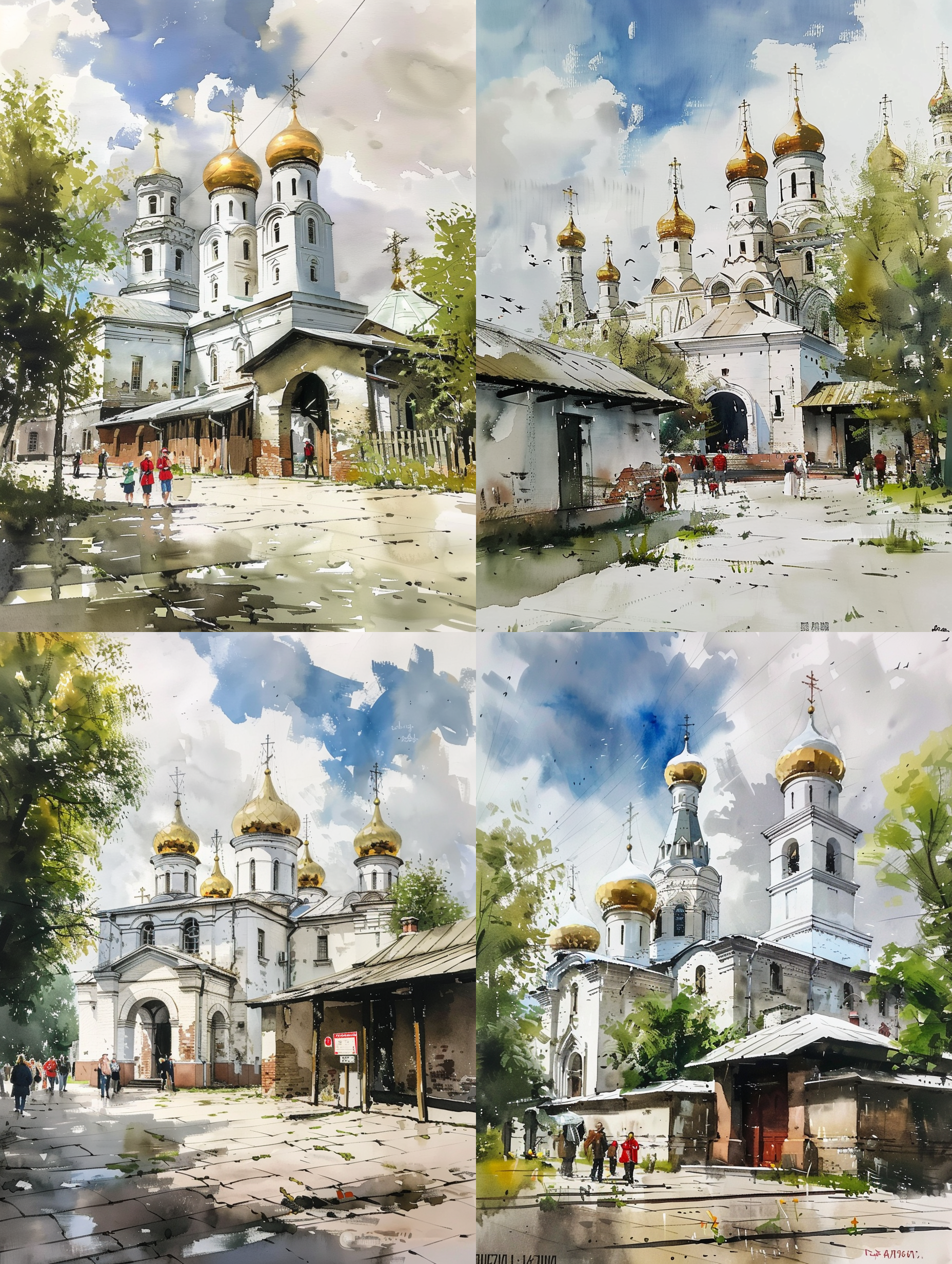 俄罗斯教堂，阳光，蓝天白云，金顶教堂，白色墙壁，宏伟壮观，传统建筑，宗教信仰，宁静祥和，室外拍摄，风景摄影，宽广视角，明亮色彩，神圣氛围。 水彩 城市 远景透视 莫兰迪色 环境光 梵高 当代建筑