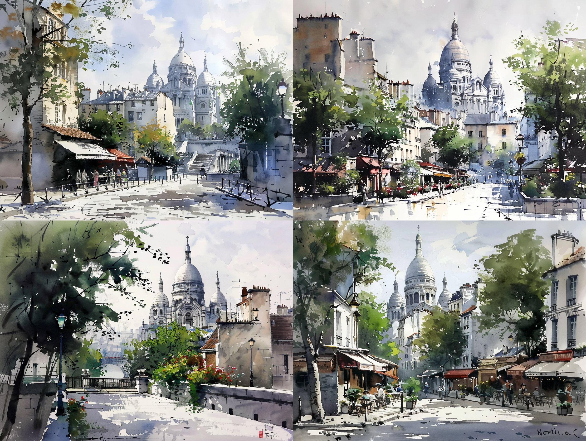 巴黎教堂水彩画，透视线引导，细节丰富，阳光明媚，温暖色调，唯美，水彩，城市，远景透视，莫兰迪色，环境光，梵高，当代建筑。 水彩 街景 阳光照射 全景 莫兰迪色 巴洛克建筑