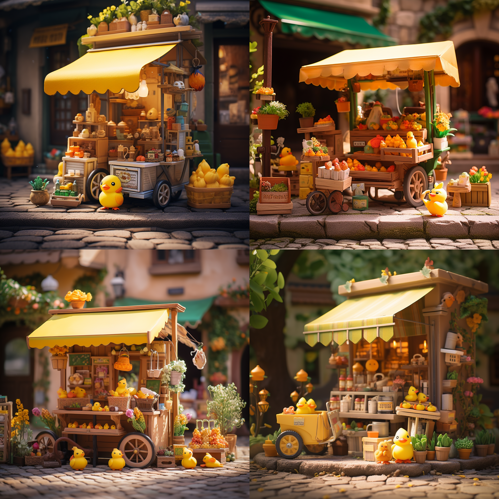 45度角度，小推车商店，欧式风格，现代单体建筑，店铺有很多小黄鸭的周边跟文具。高饱和度，童话风格，鲜艳色彩，宽广景深，逆光，生动活泼，欢乐。
