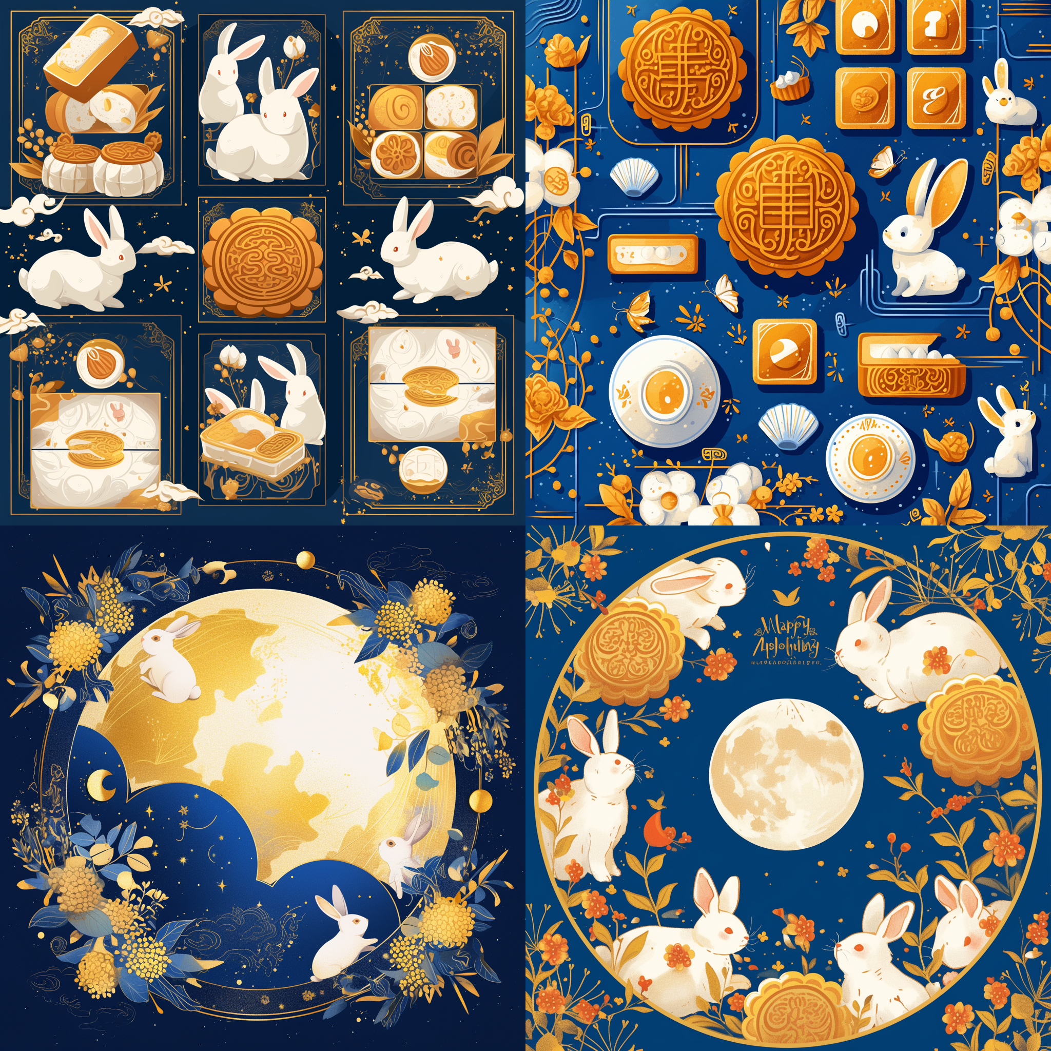 顶级品牌月饼包装设计，中国风设计和排版，关于月亮、兔子、桂花、纸板、金色和蓝色的矢量线条插图
