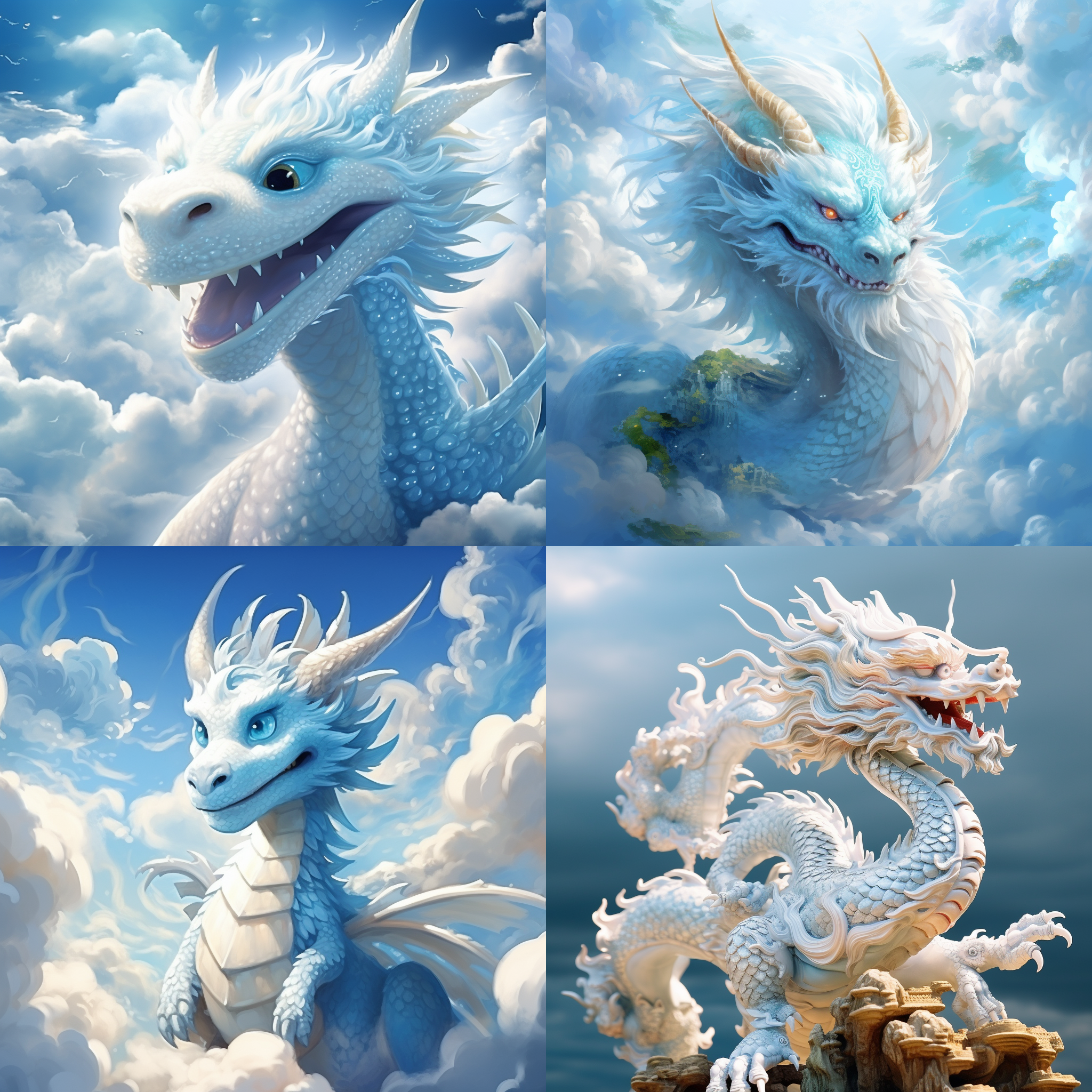 可爱的中国龙在蓝天白云下飞翔，全身覆盖鳞甲，张开双翅，笑眯眯地展示长长的龙须和狂风般的姿态。高角度视角，明亮阳光下，色彩艳丽，细节丰富，欢快祥和。