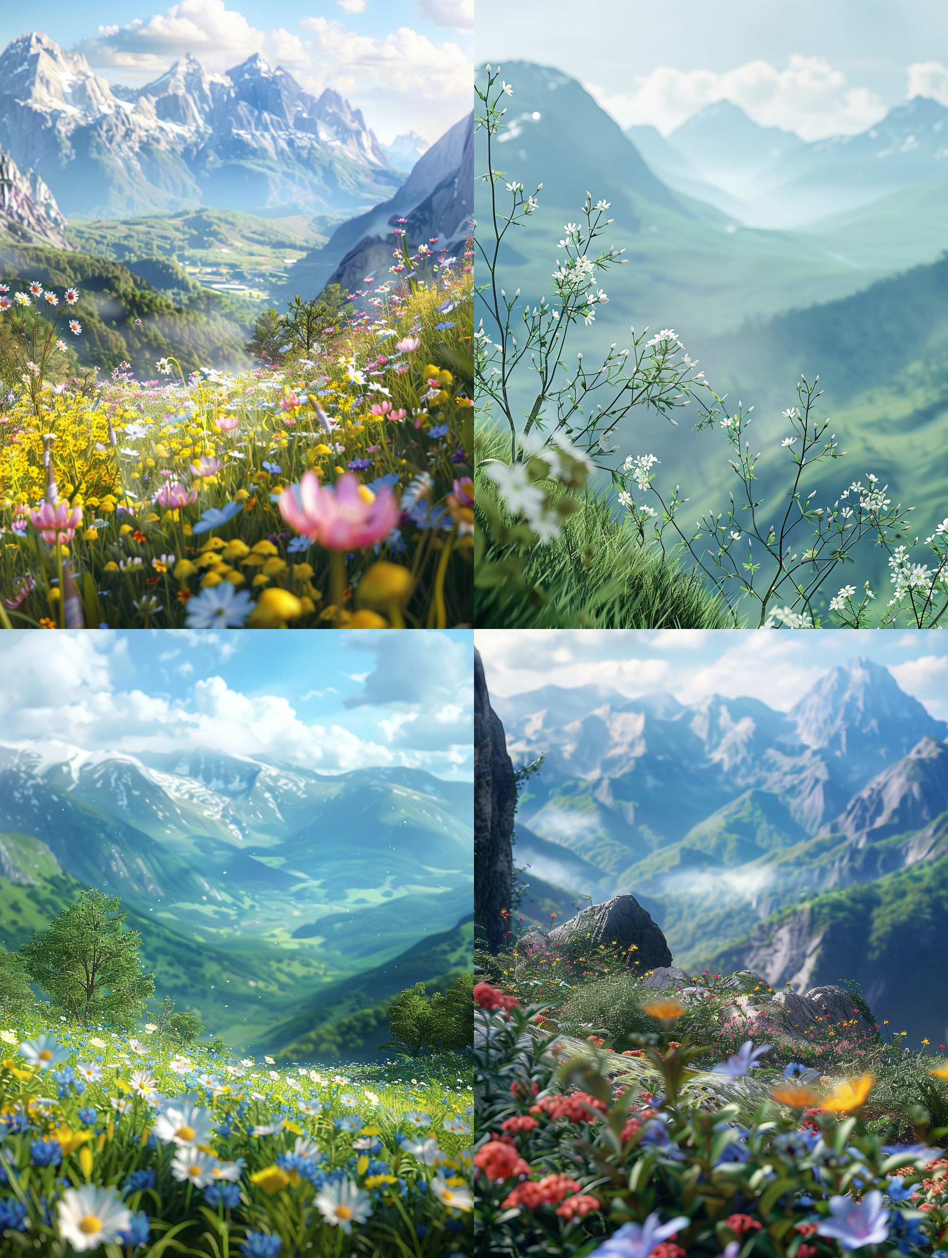 海报设计，在山坡上是叶子做的展示台，远处是青山，近景是虚化的几朵小花，热烈庆祝，自然光，蓝色天空，3d细节渲染，质感高，真实感