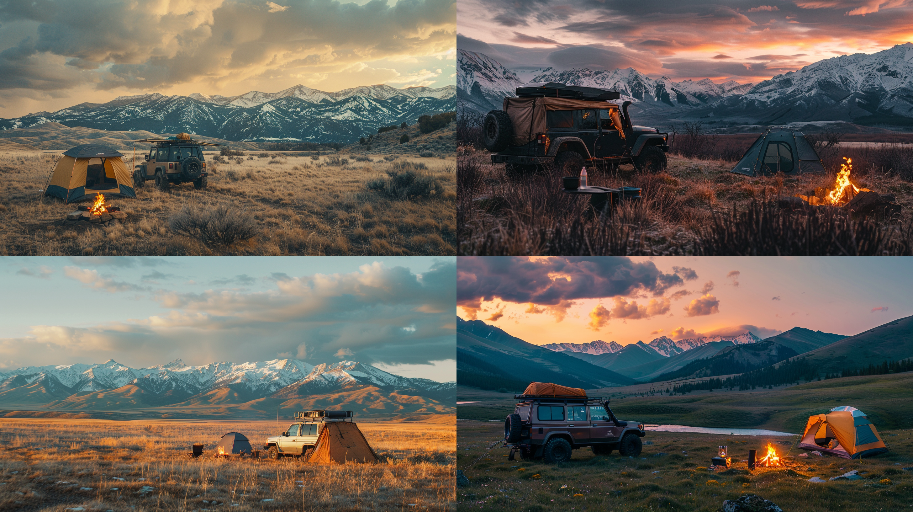 越野车停在草坪上，帐篷旁的篝火，雪山背景，河谷景观，绿色自然光，暖色调，电影色彩，真实细节，8k uhd，户外摄影，广角镜头，夕阳余晖，冒险，宁静。