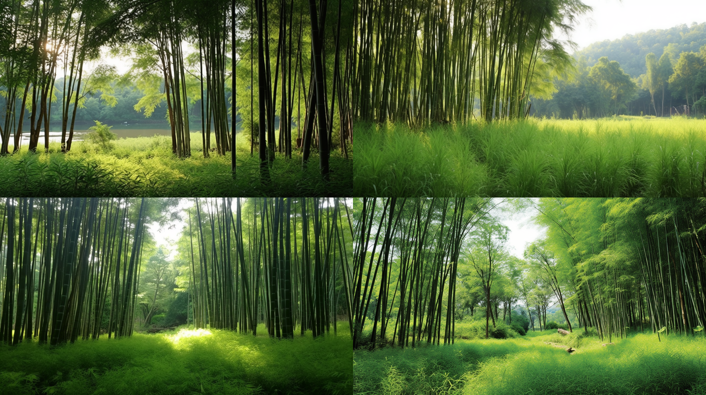 竹林和草原交相辉映，远处湖水清澈，天空湛蓝，阳光穿过树林。晨光柔和，草丛微风拂动。自然景色清新纯净，视野开阔。风景如画，宁静祥和。 竹林, 草原, 晴朗的清晨, 一望无际的天空和湖面, 自然, 纯净的场景, 视野开阔, 柔和光线, 温暖色调, 宁静, 宁静。