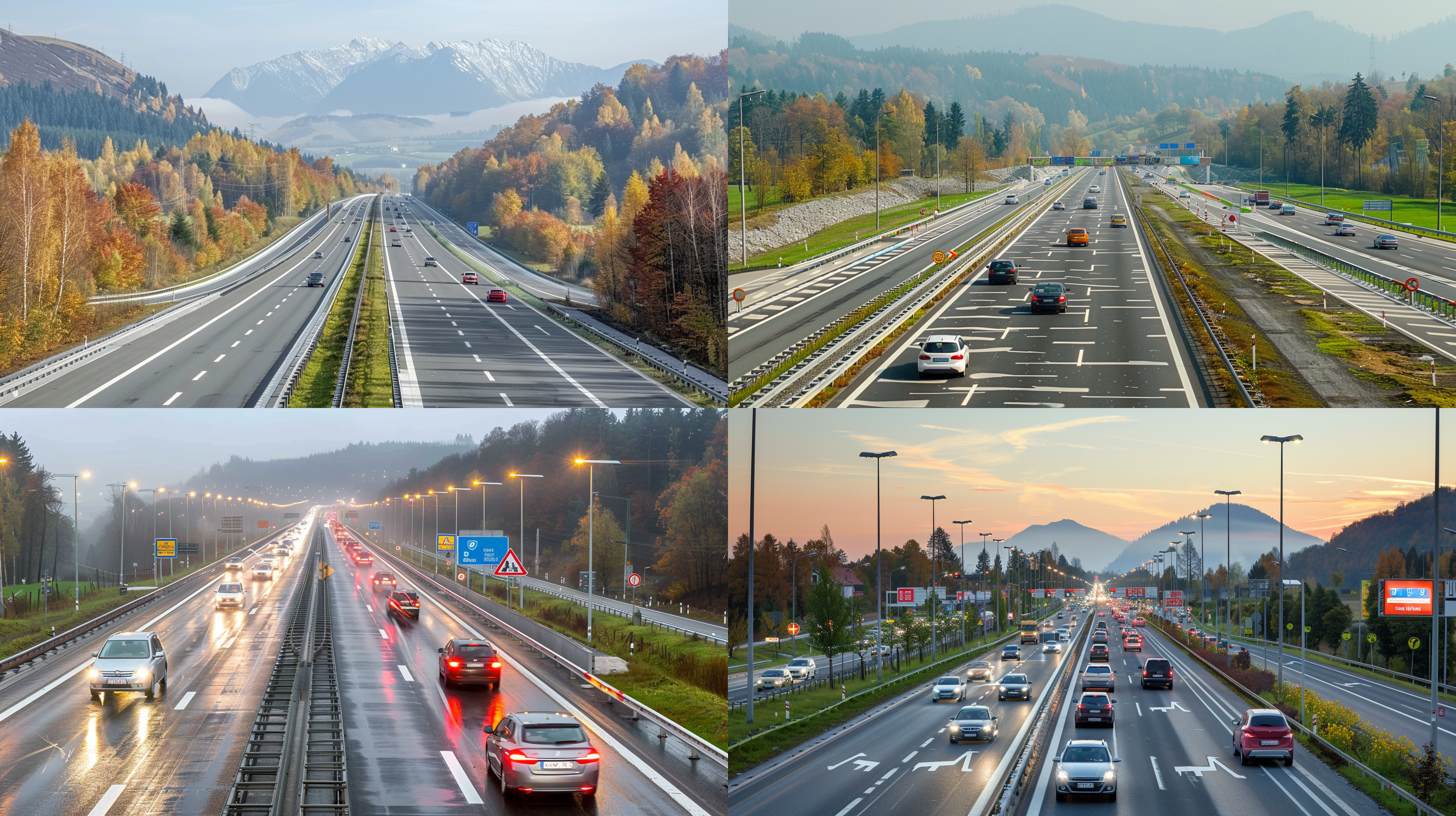 bird view,guilin,on the highway, morining rush hour ,the traffic flows like a web, and the distant mountains are visible, cars speeding past. telephoto lens, backlight shooting, shutter priority, warm tones, excitement.