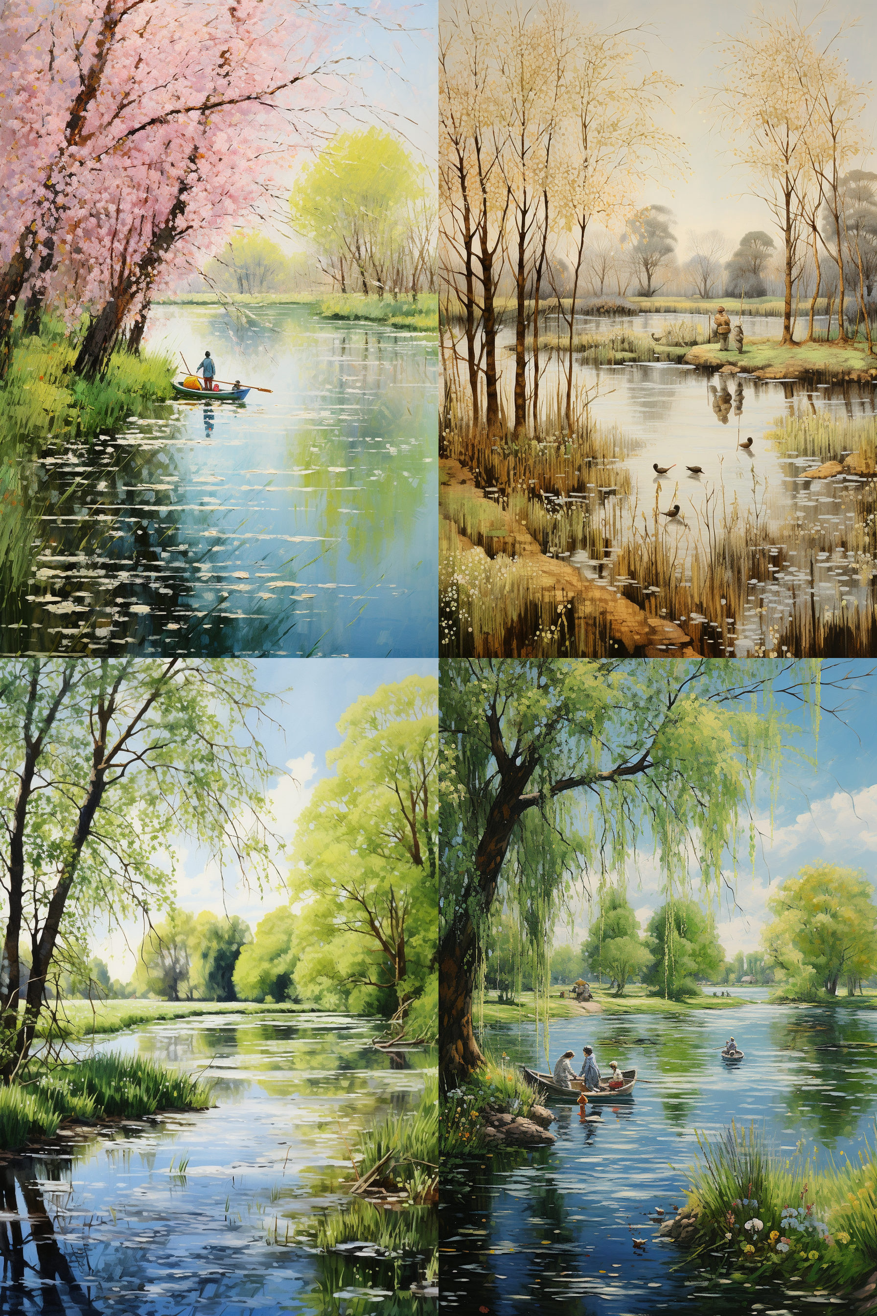 春日池塘，柳树，岸边，垂钓，悠闲，