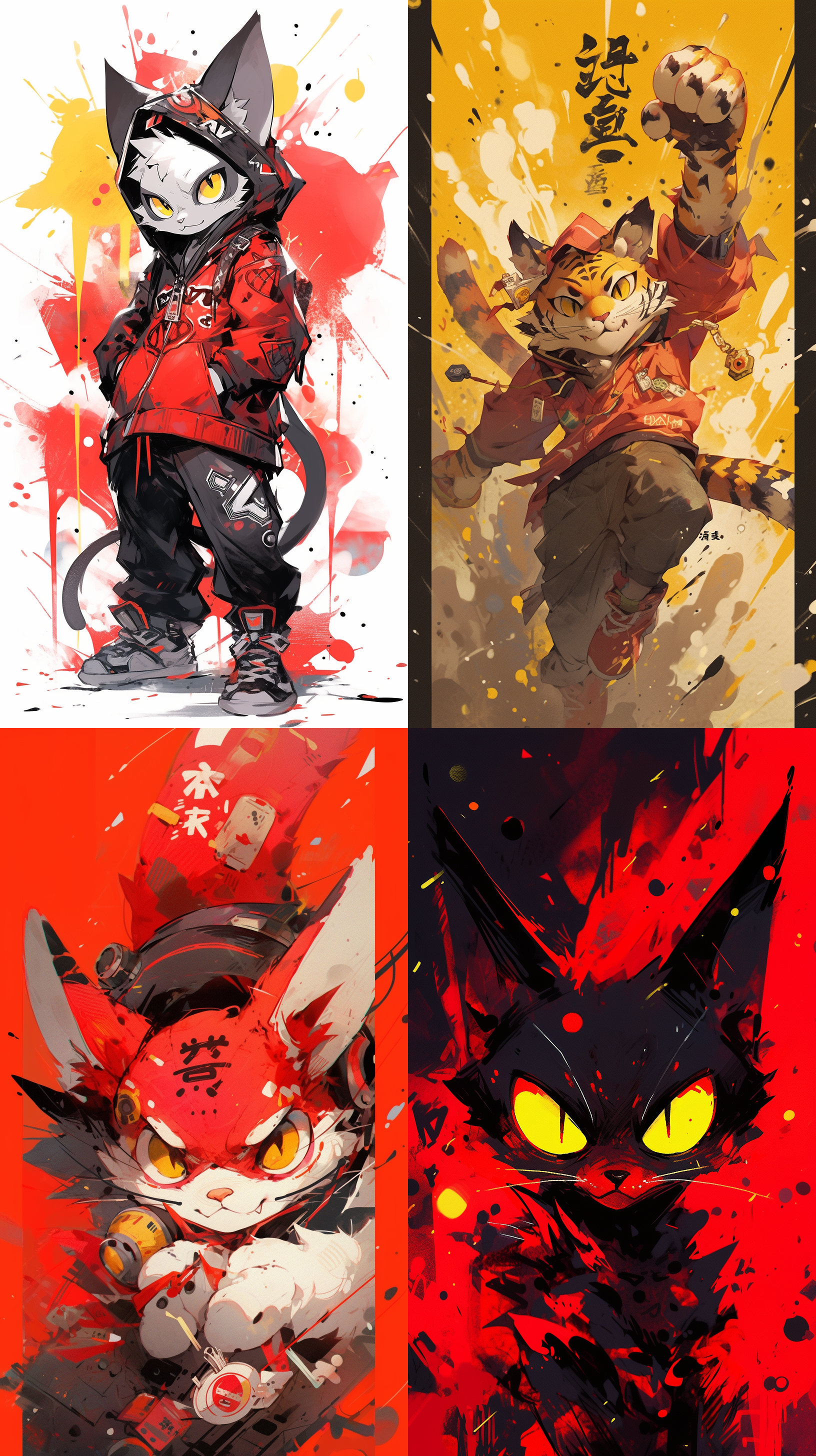 一只可爱的猫，泼溅画风格,石版画,玩具核心,黄色和深红色，委托，中国朋克，迪士尼动画
