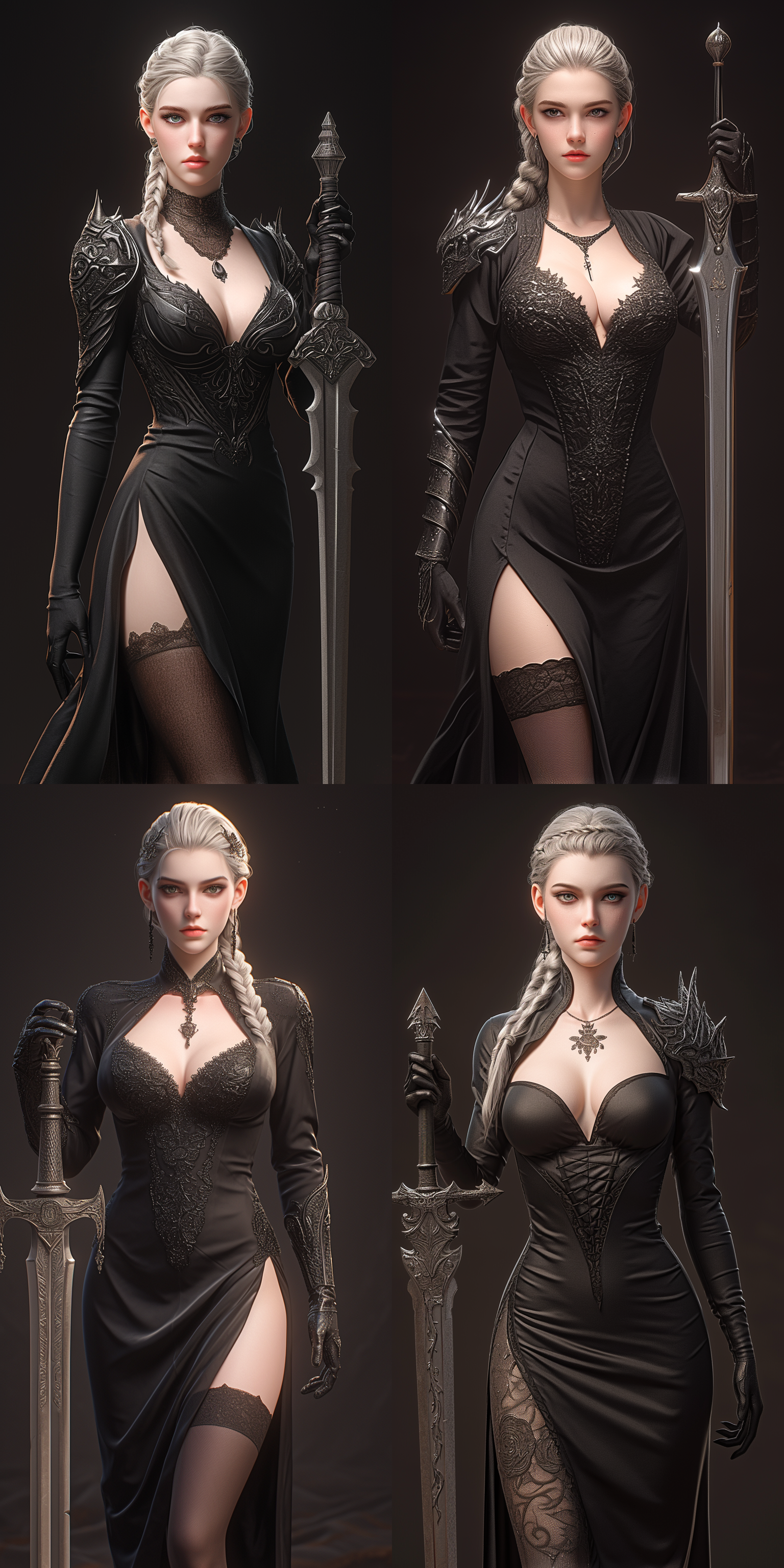 vampire，women，红色眼睛，白色头发，苍白的皮肤，细剑，盔甲，晚礼服，黑色丝袜，高跟鞋，哥特城堡内，奇幻，真实比例，6k 虚幻引擎 三维 oc渲染器