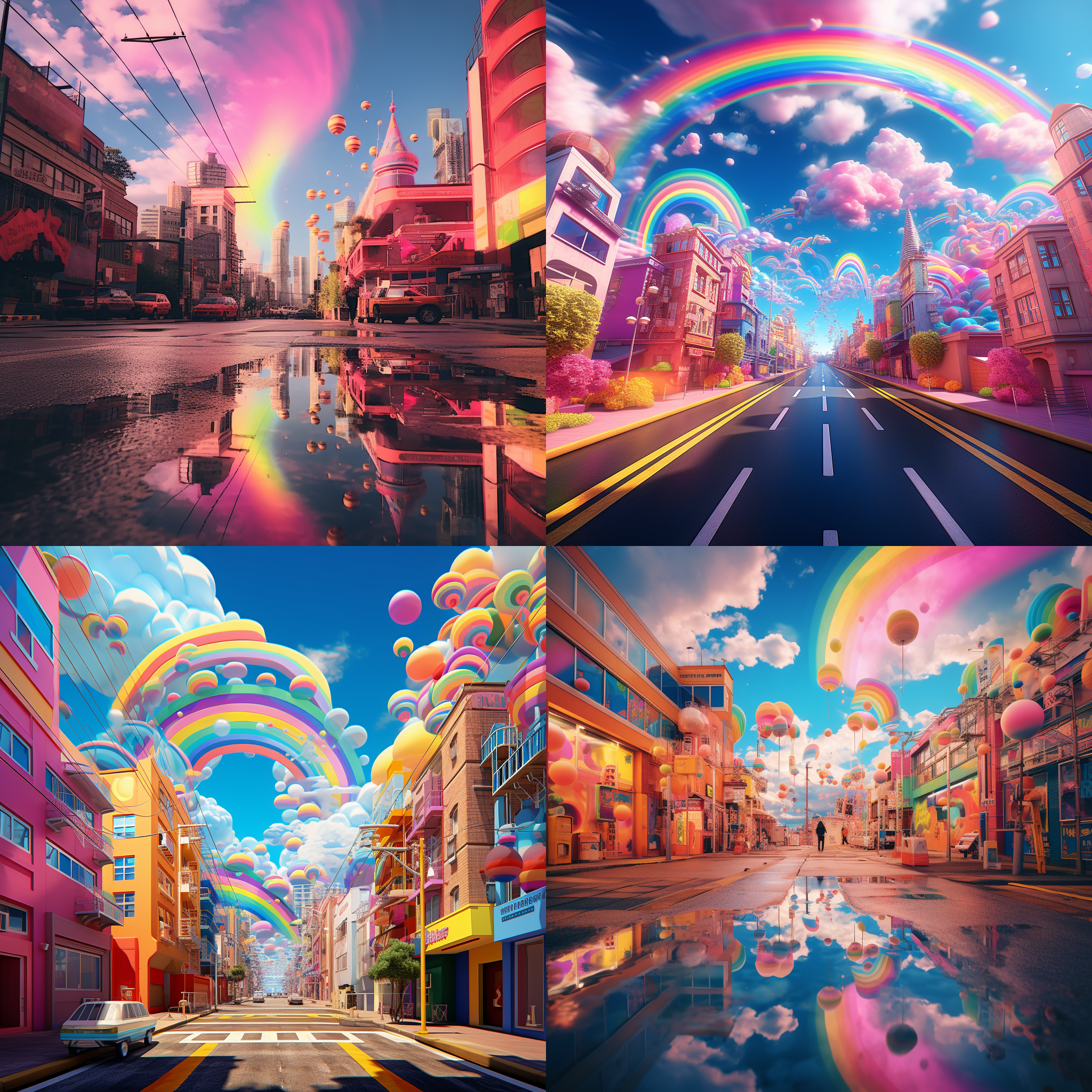 彩虹和云朵在迷幻城市街道上玩耍，弯曲构图，现代风格，多彩色调，超广角镜头，霓虹灯光，飘动，欢快。