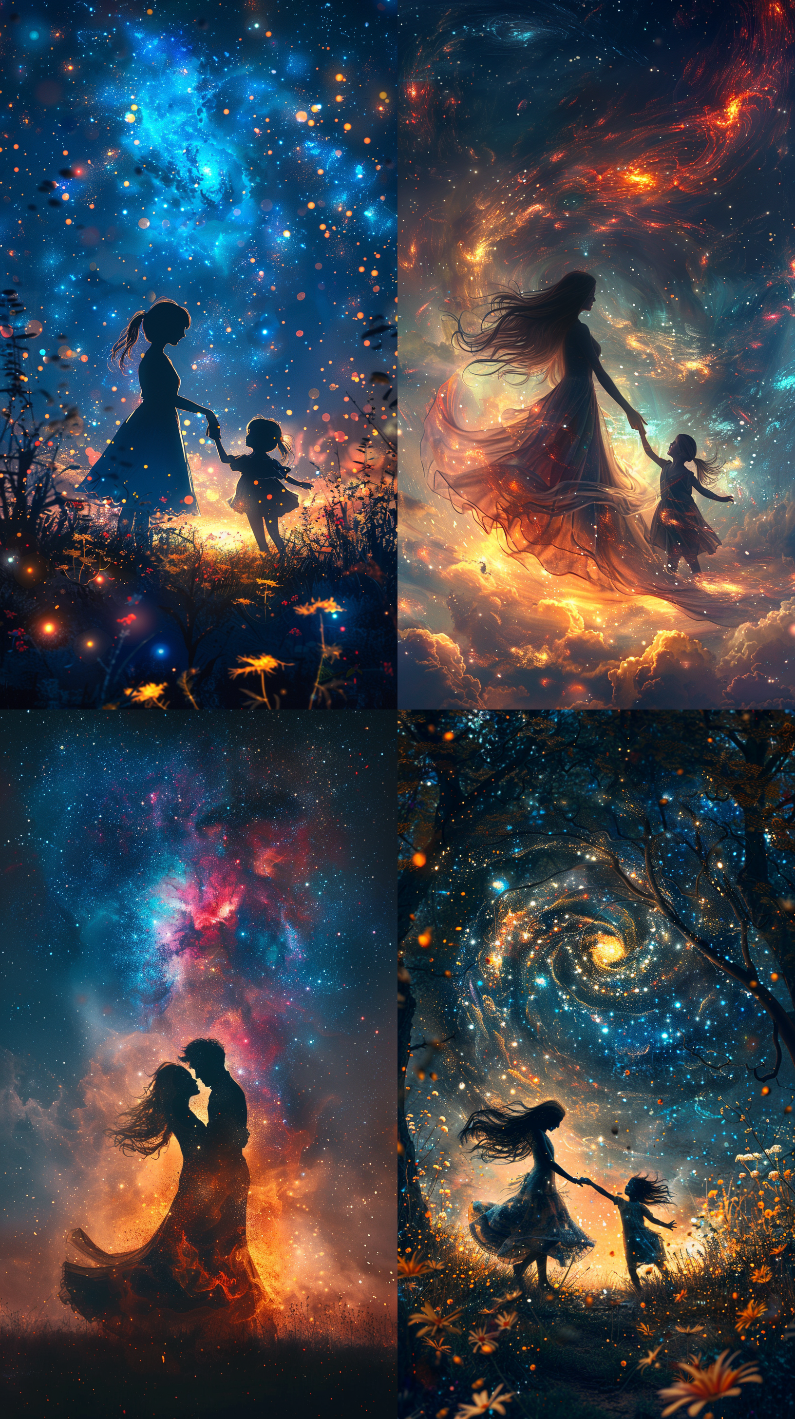 ethereal mother's day art, a silhouette of a mother and child dancing under a starry night sky, with a glowing aura around them, symbolizing the bond between them