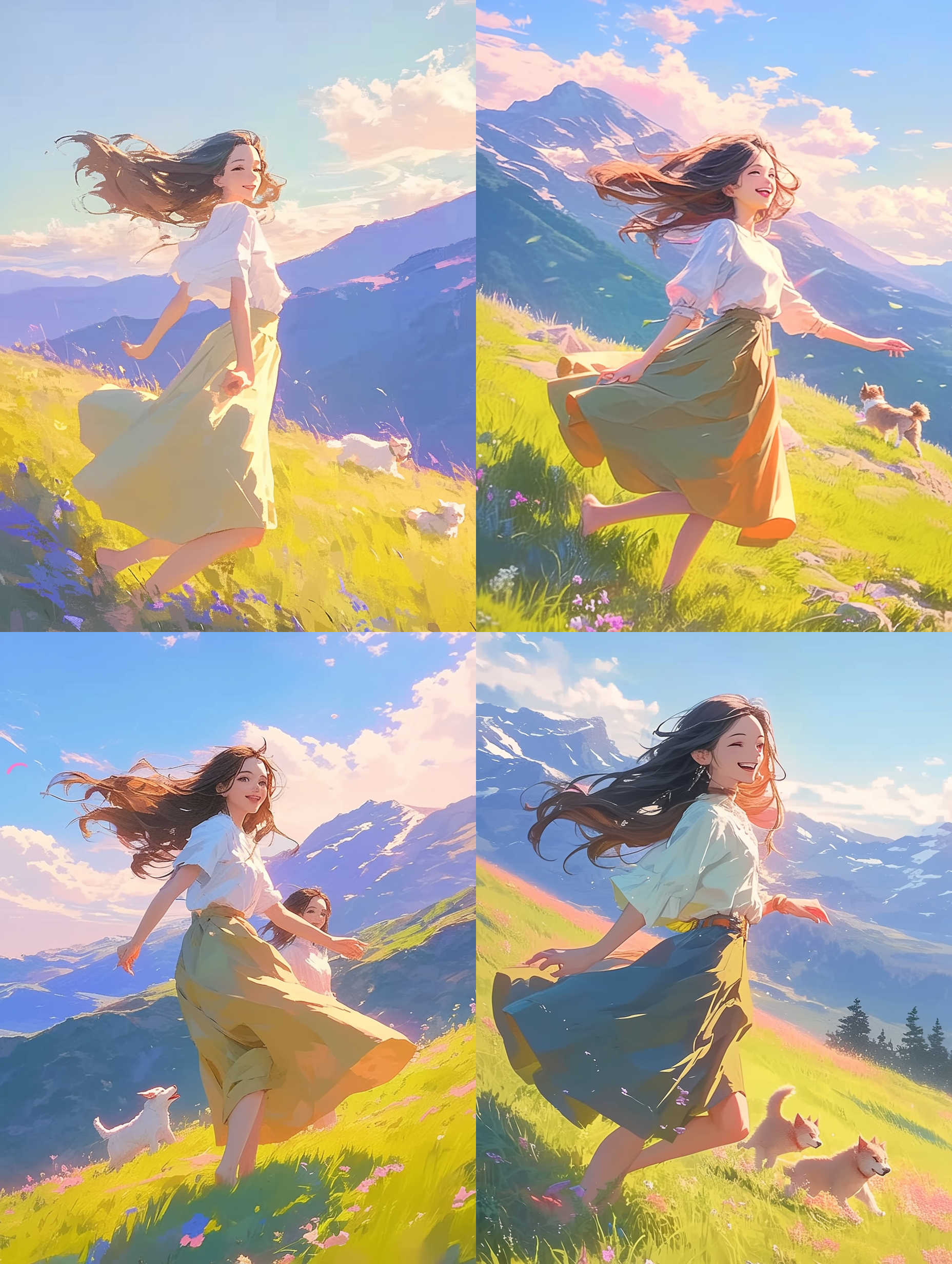 夏天的山顶，远山朦胧，近处少女牵小狗奔跑，微笑。飘逸长发，小草、野花点缀周边。自然光，暖色调，中焦镜头，快门速度适中，活泼自然，欢乐愉悦。