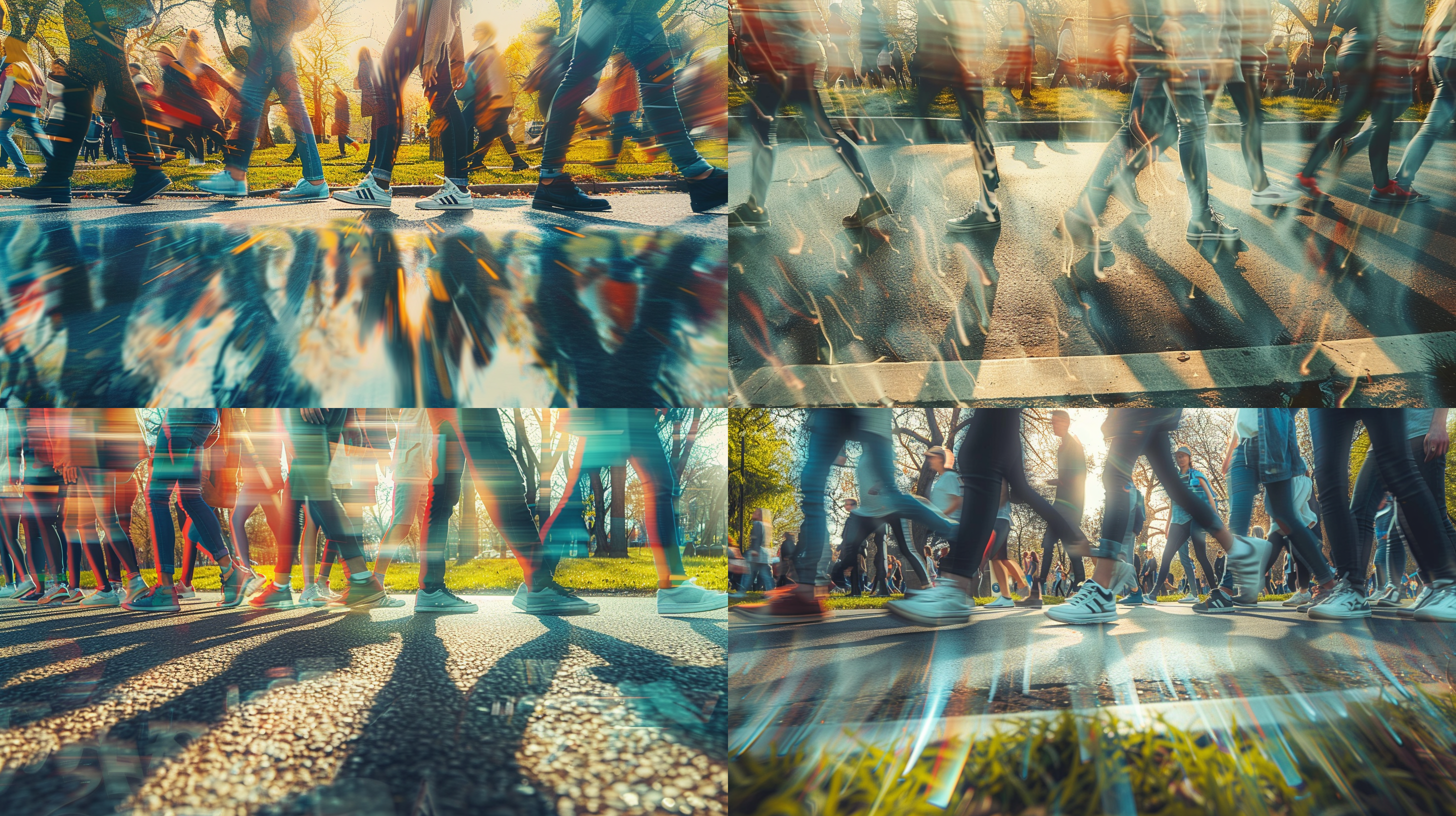 multiple exposure effect photo texture, focused on the side of a road in a park, shot on ground, countless people's legs and feet moving to right side, caused a stream of shadow, high speed shutter, balanced composition, low angle view. in background are grass land, asphalt road at bottom. vivid spring color.