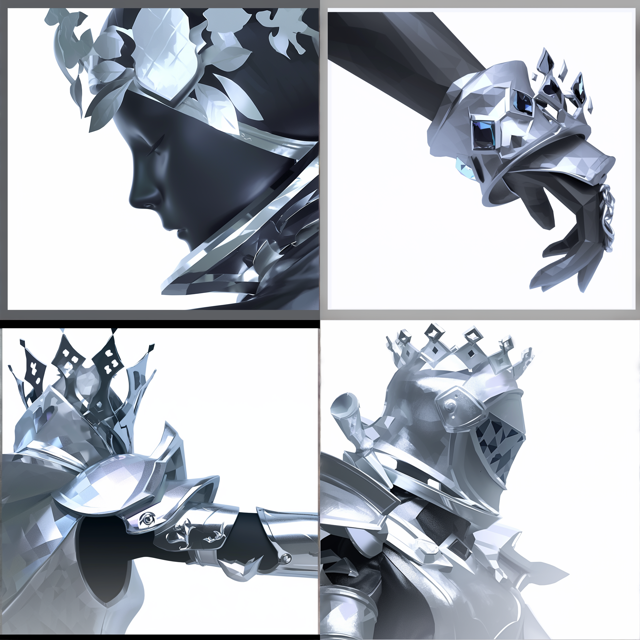 银色金属质感，二次元风格，无背景，精致的雕塑造型,聚光灯,高反差,冷色调,宏观镜头,静态,优雅,庄重。