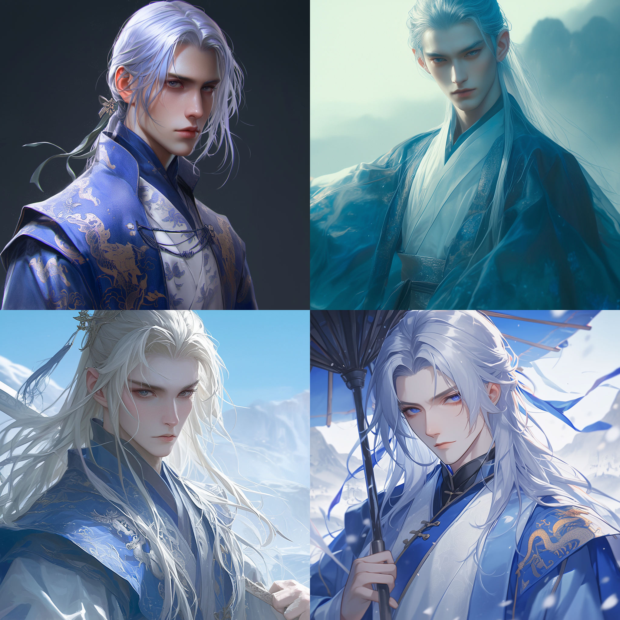 midjourney bot 快速 - nj6.0 2024-04-27 16:47:00 id:1784142188389601280 分享 推荐到广场 采集 删除 一个中式汉服男子，蓝色暗纹服饰，超级帅气高级精致面容，长相柔美，温润，眉毛细长，有双眼皮，奶白色且柔顺长直的长发，松散的用绿色绸带绑住。全身照，背景有远山，眼晴发出金色的光芒，薄唇饱满线条清晰，顺光，逼真照片，3d模型，超清画质，8k，古风，古建筑，柔和的光线，繁琐白色暗纹服饰，有肩甲，广角镜头