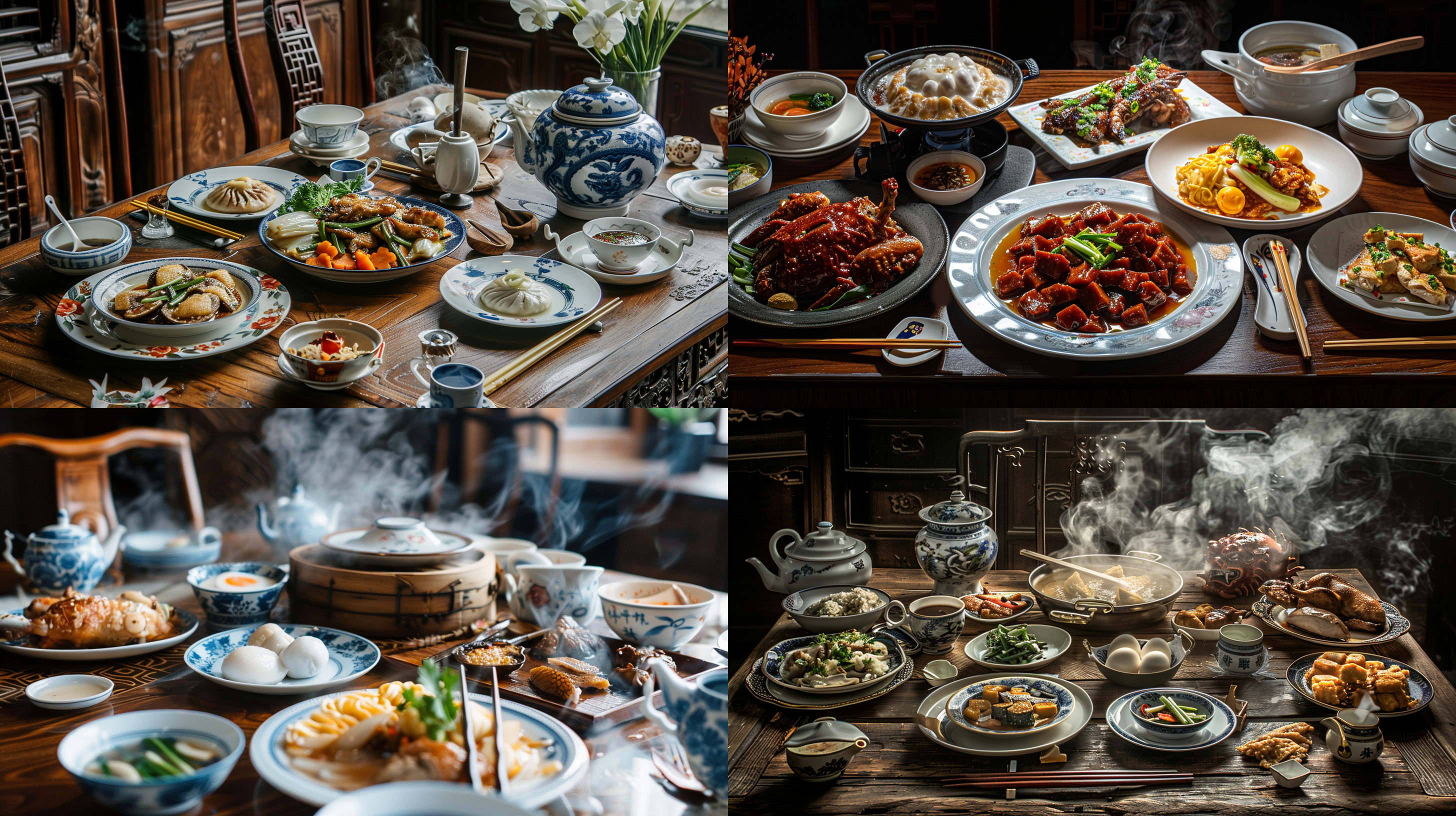 木质餐桌，精致瓷器餐具，象牙筷子，满桌子中国传统菜肴，麻婆豆腐，水煮鱼，韭菜炒鸡蛋，大盘鸡，狮子头，西湖牛肉羹，热气腾腾，光影层次丰富，真实的细节，精致的细节刻画，非常真实的摄影