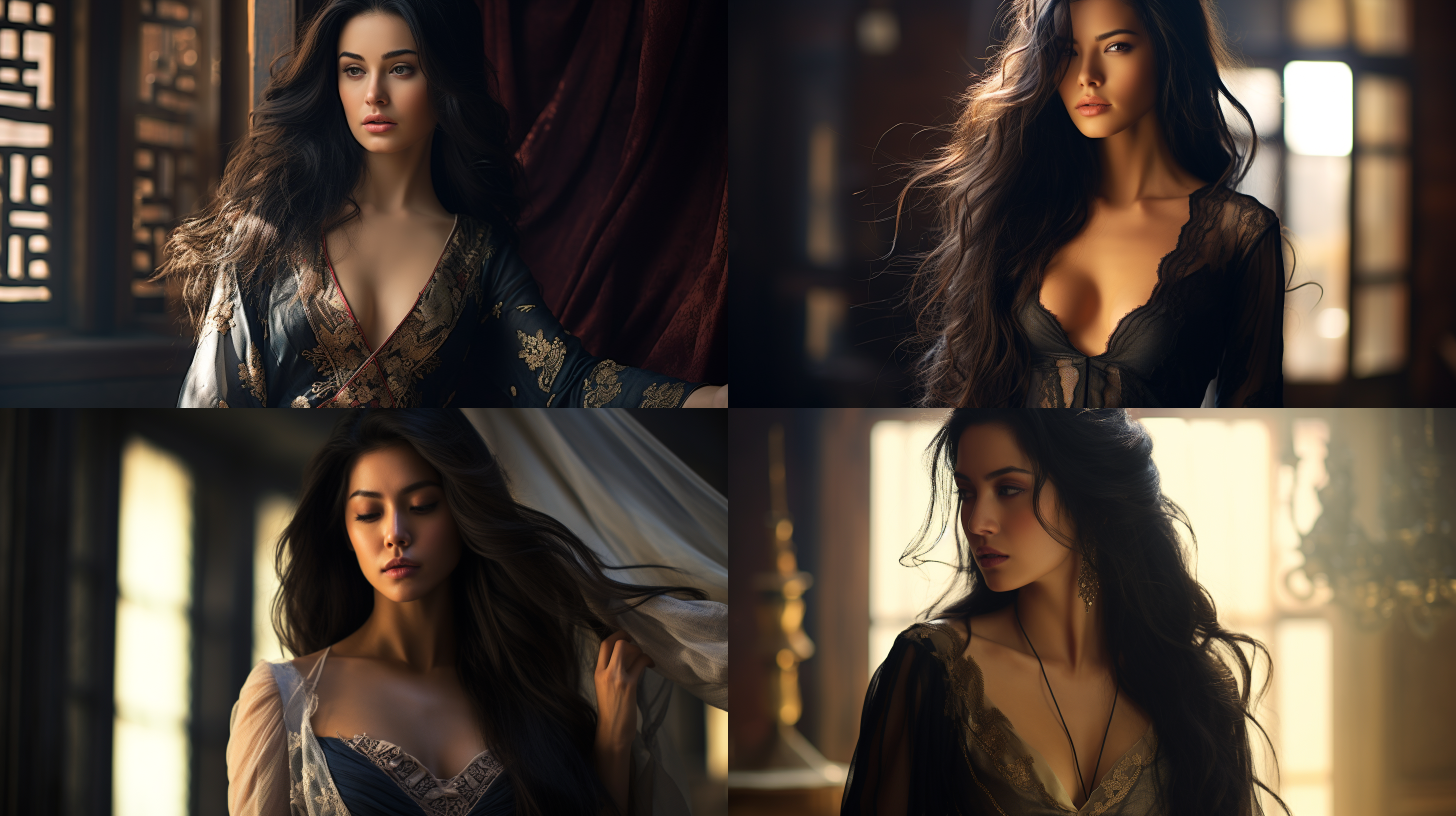 glamour photography, oriental beauty, long black hair, s-shaped figure, proud upper surround, pure, lively, three-part composition, side shot, focus, backlight, edge light, rembrandt lighting, sunny day, slr, extremely detailed, expressive, ultra hd, elegant temperament