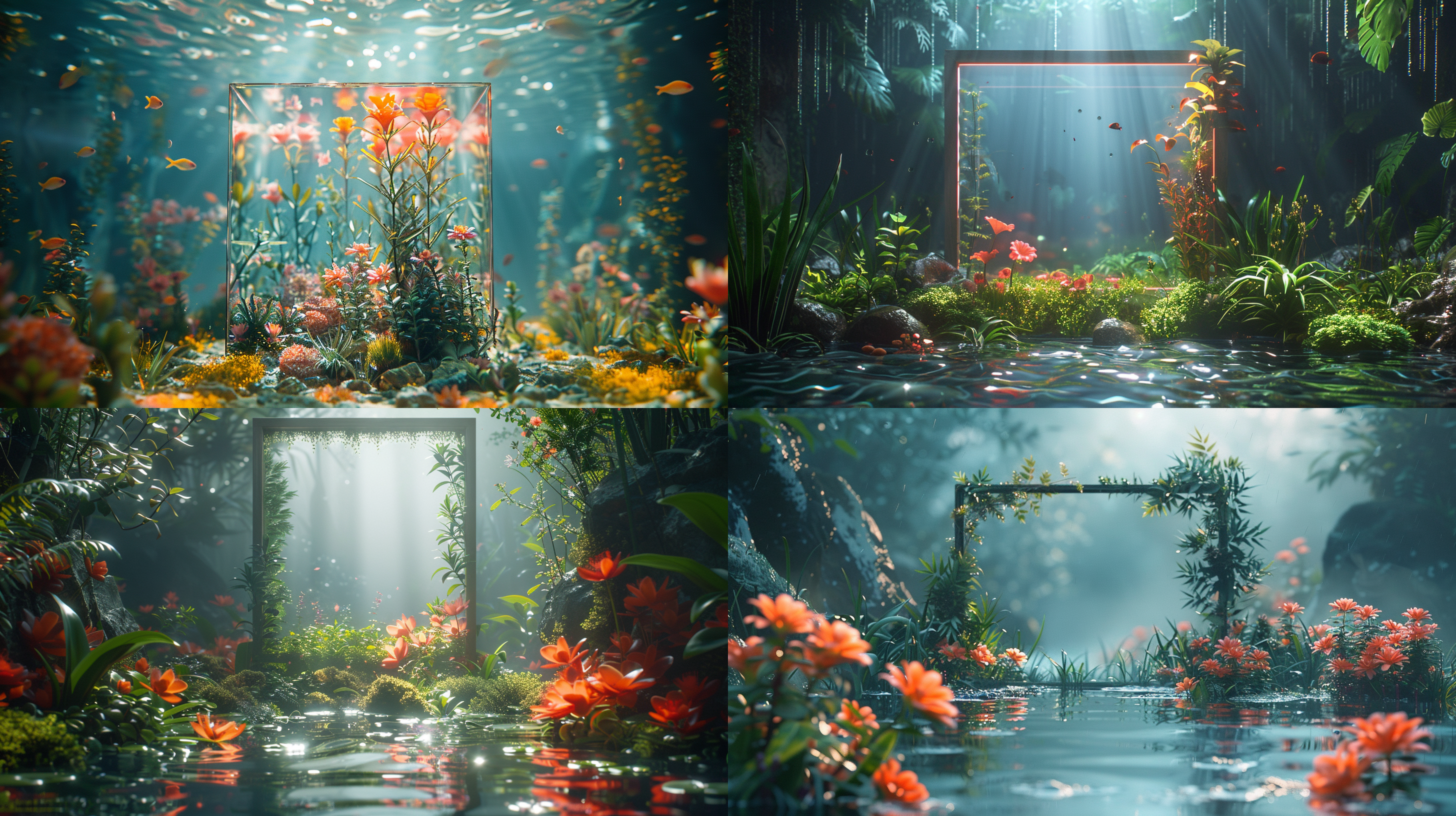 方形画框，水中悬浮，画框中能看到水中的花草，唯美风格，3d绘画效果，色彩缤纷，柔和光线，悬浮感，细腻纹理，梦幻氛围。